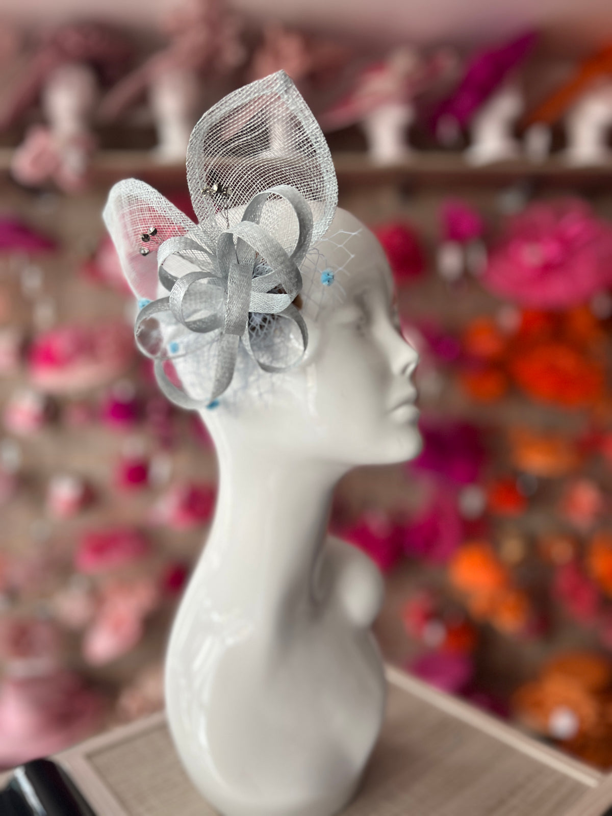 Powder Blue Hair Fascinator With Netting &amp; Diamantes-Fascinators Direct