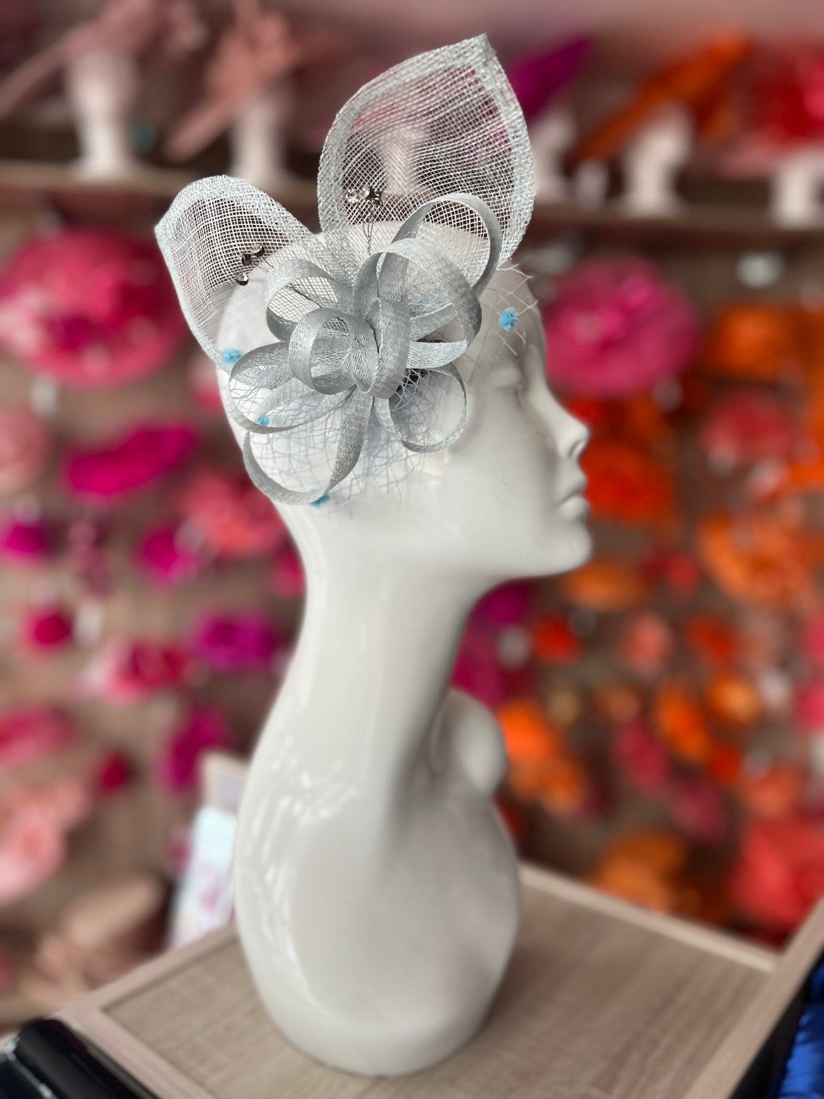 Powder Blue Hair Fascinator With Netting &amp; Diamantes-Fascinators Direct