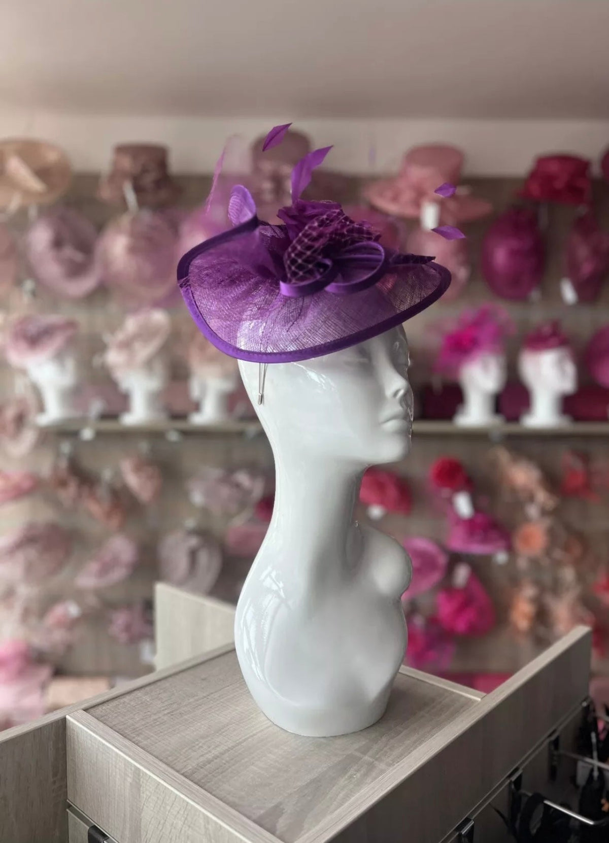 Purple Disc Fascinator with Fabric Rose &amp; Netting-Fascinators Direct