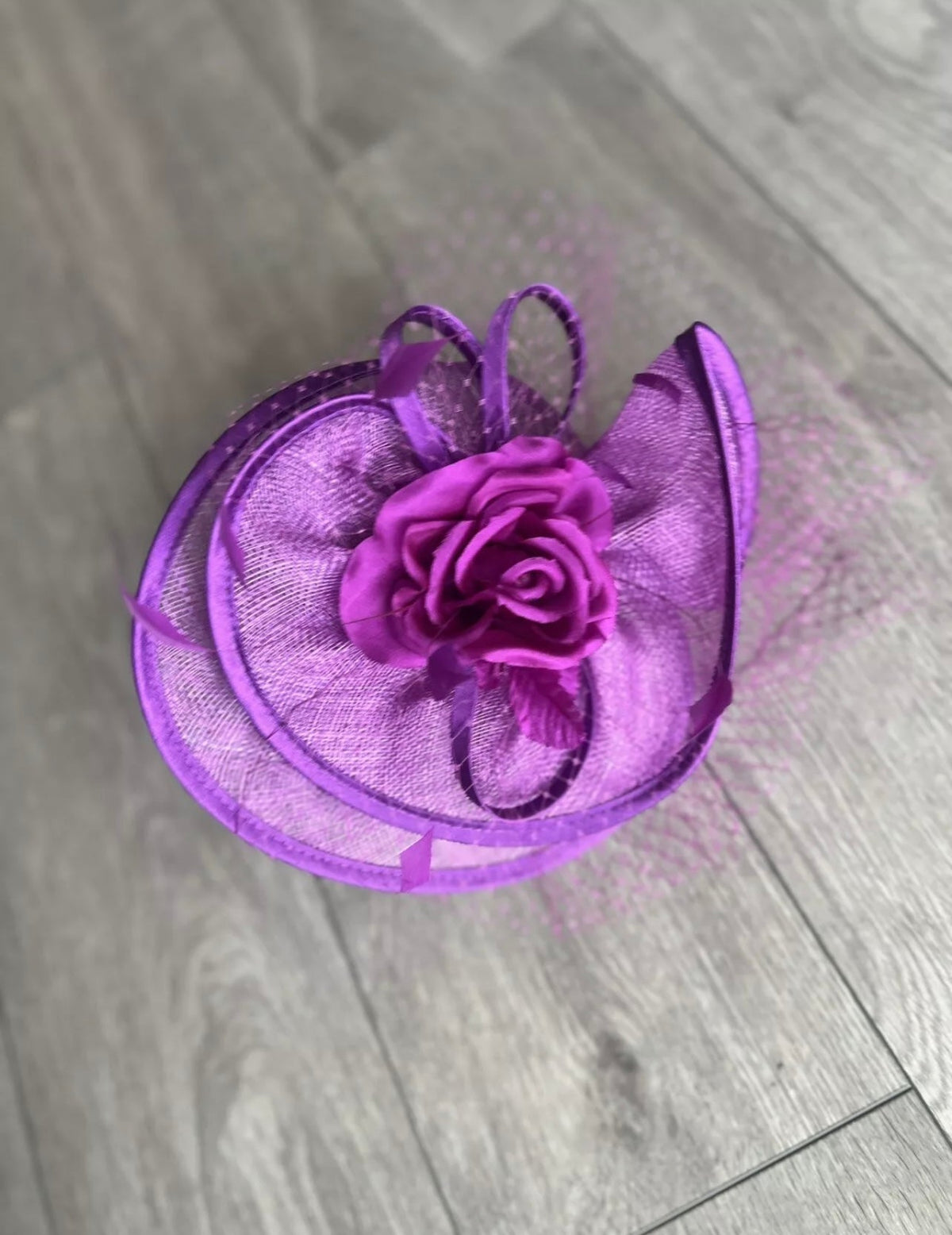 Purple Disc Fascinator with Fabric Rose &amp; Netting-Fascinators Direct