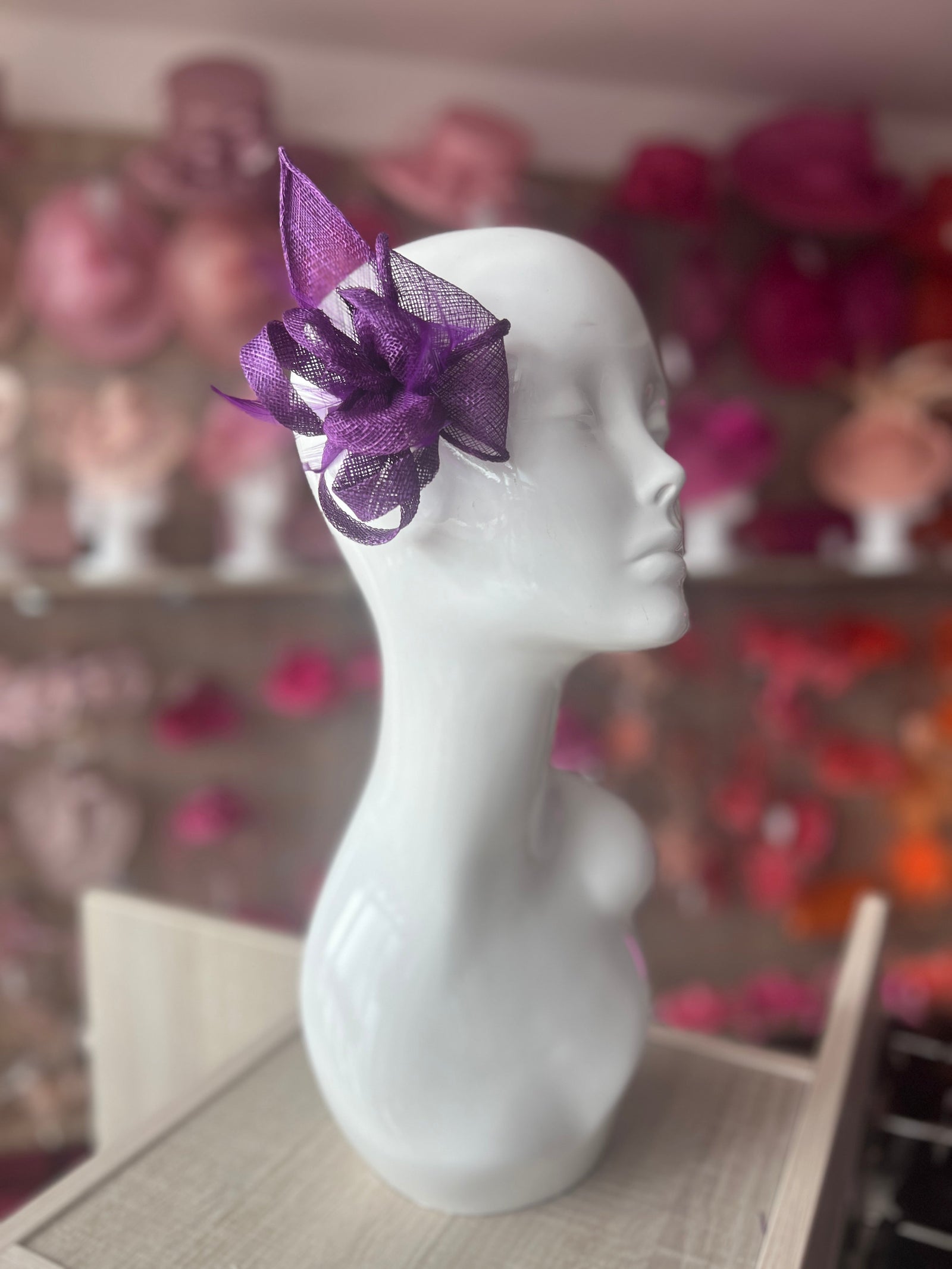 Purple Fascinator Clip with Sinamay & Feather Flower-Fascinators Direct