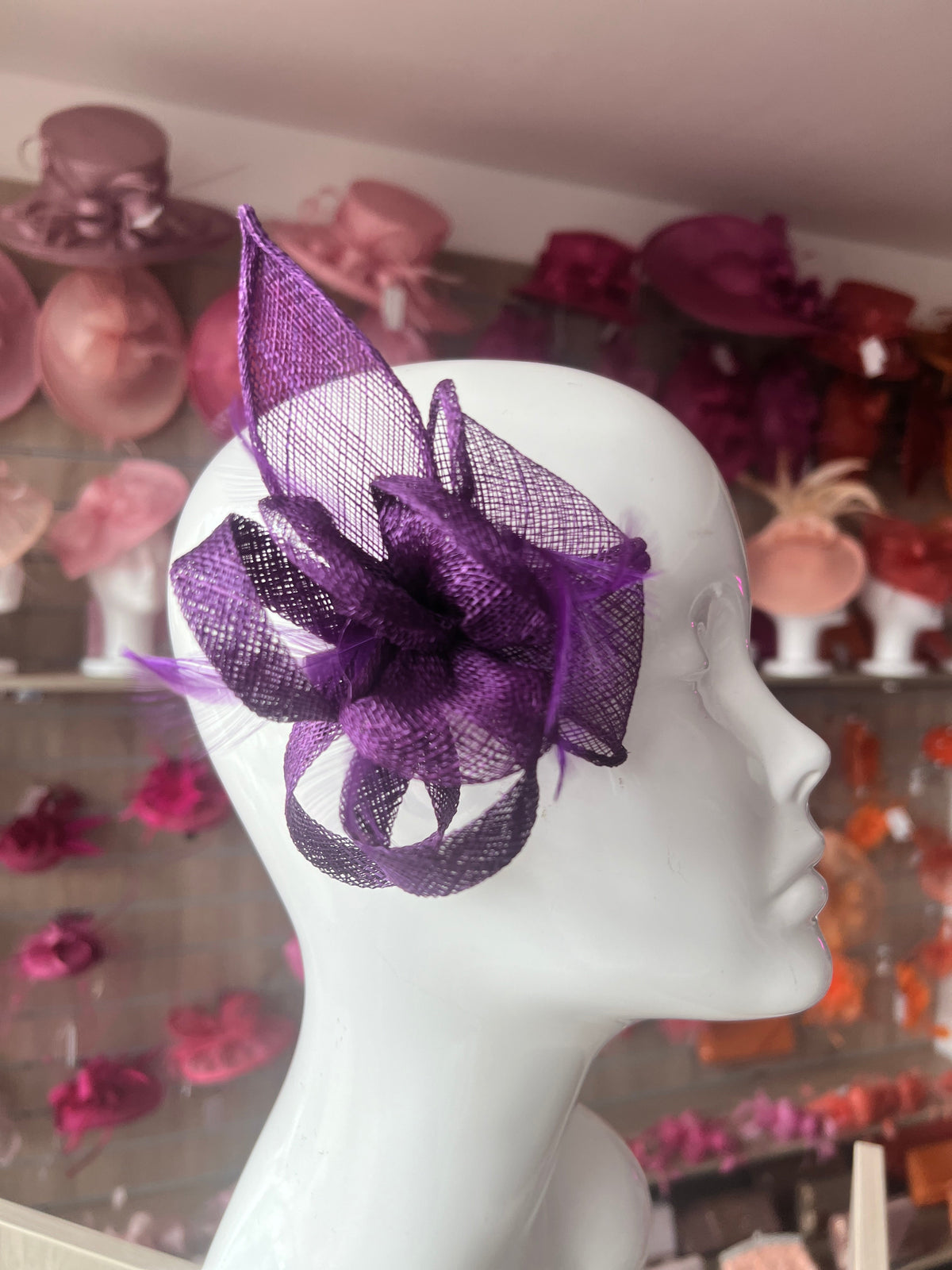 Purple Fascinator Clip with Sinamay &amp; Feather Flower-Fascinators Direct