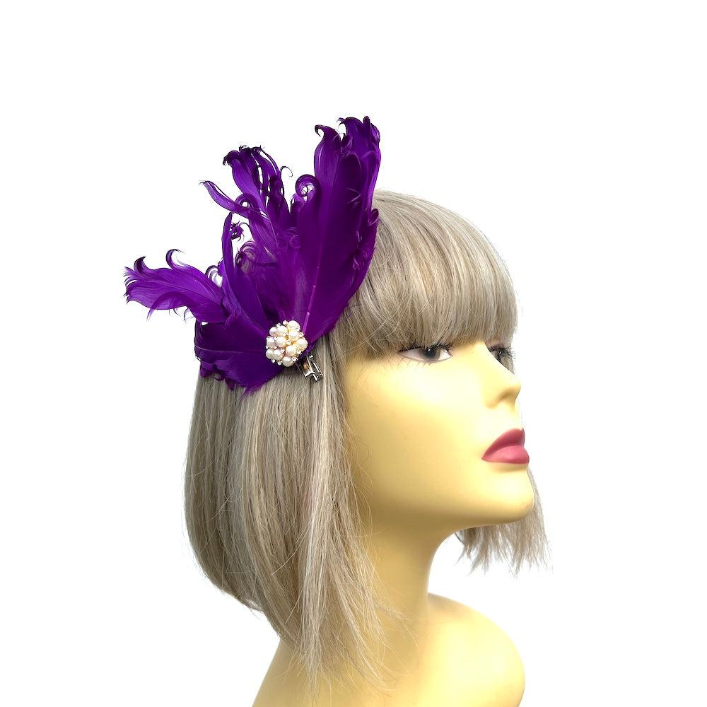 Purple Fascinator Clip with Vintage Feathers Pearls