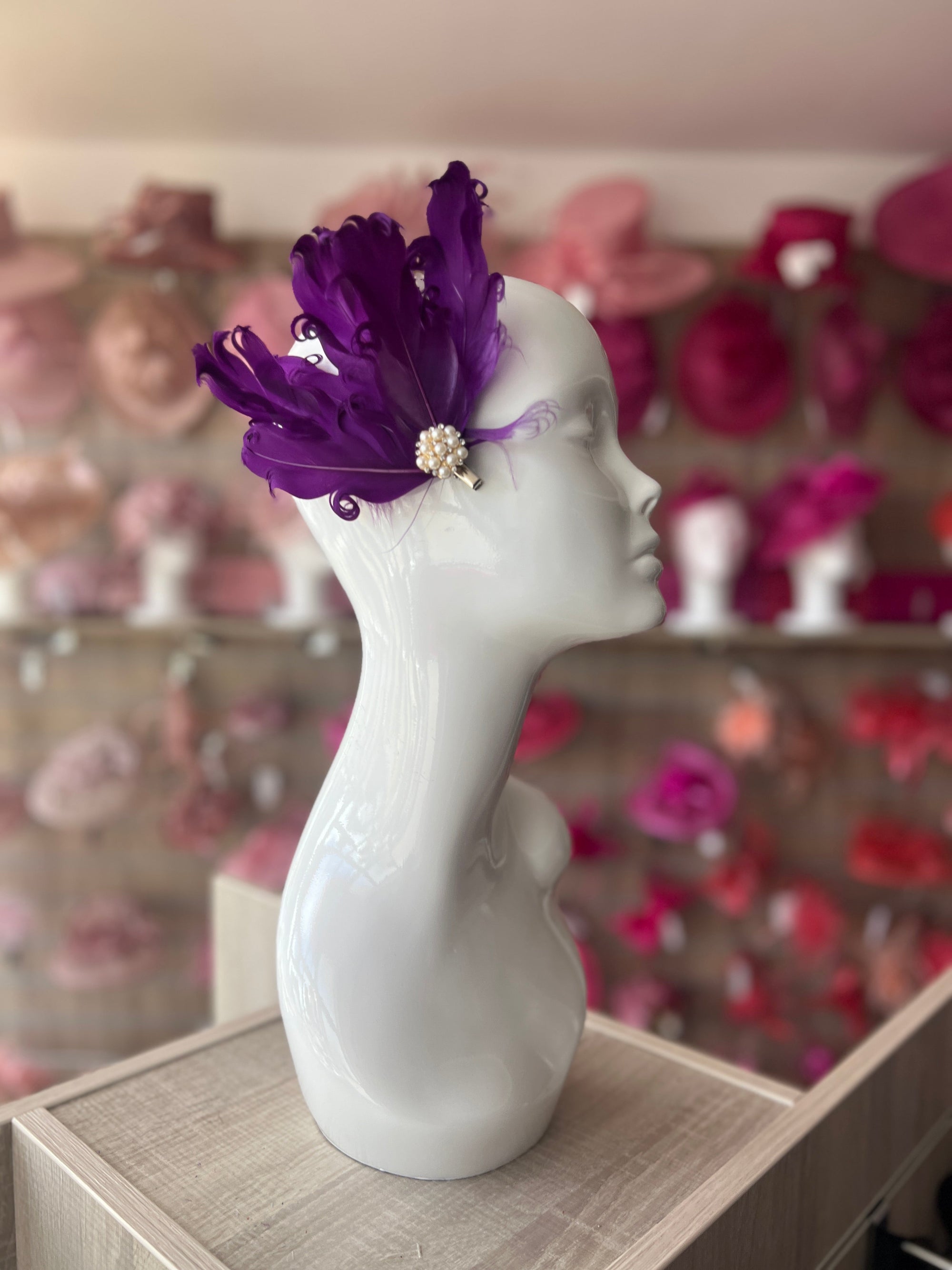 Purple Fascinator Clip with Vintage Feathers & Pearls-Fascinators Direct