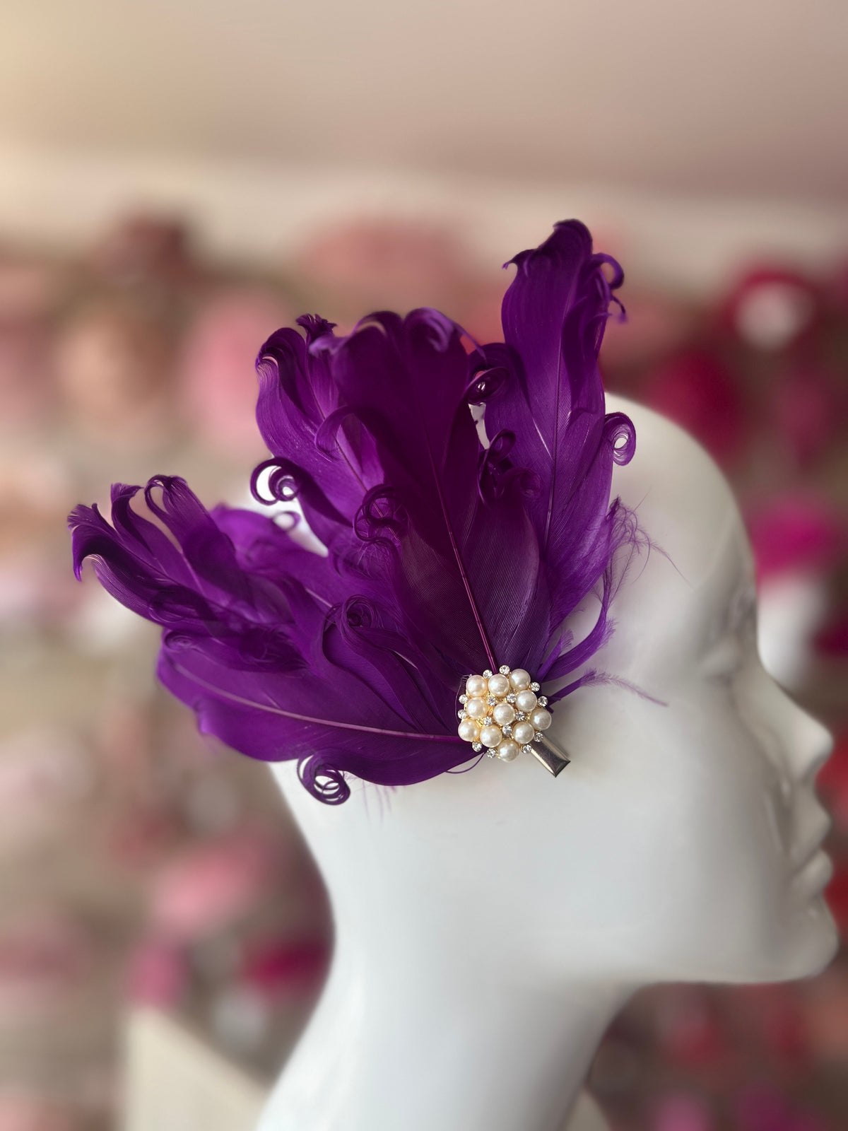 Purple Fascinator Clip with Vintage Feathers &amp; Pearls-Fascinators Direct