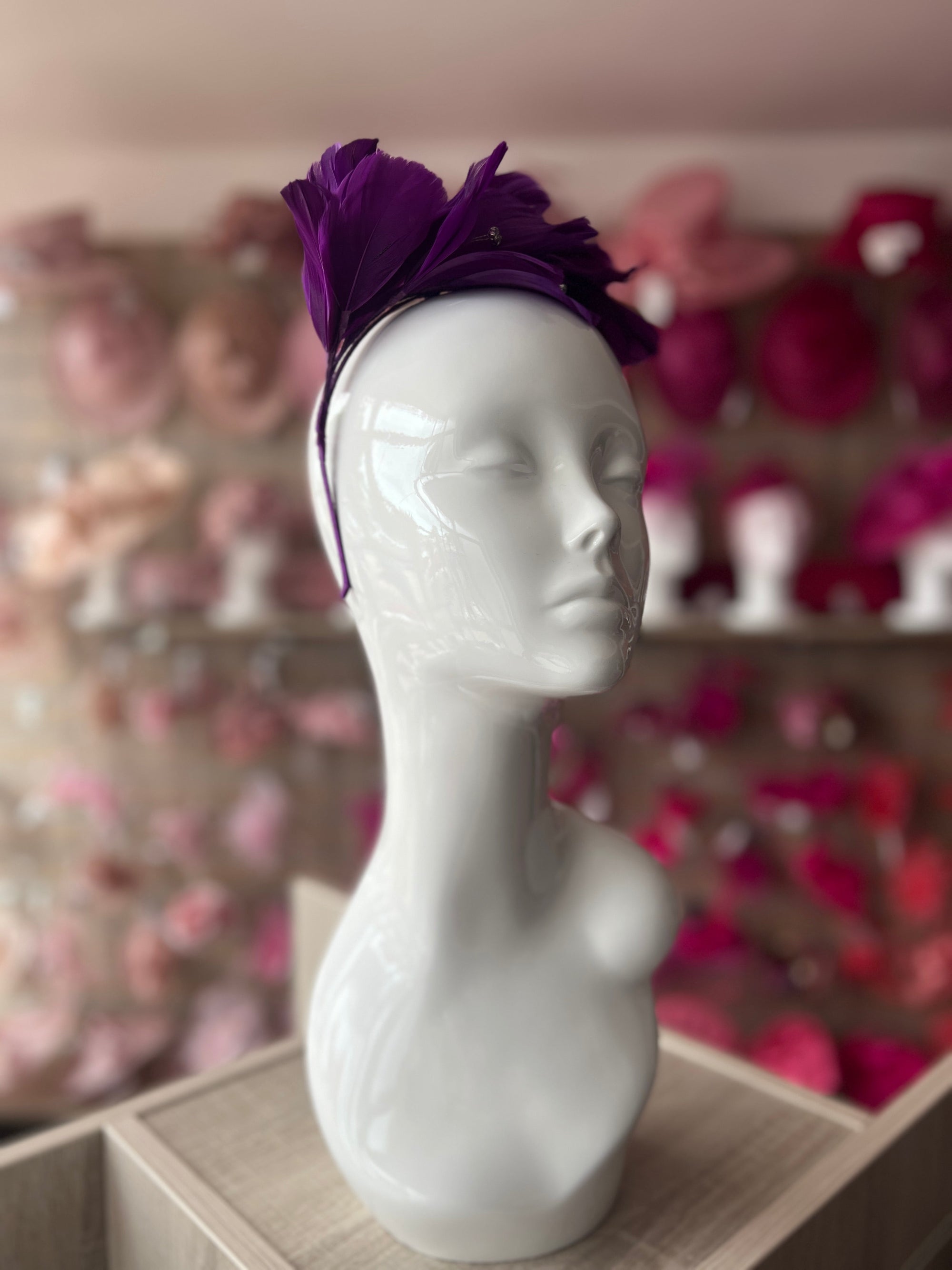 Purple Fascinator Headband with Feather Petals & Diamanté-Fascinators Direct