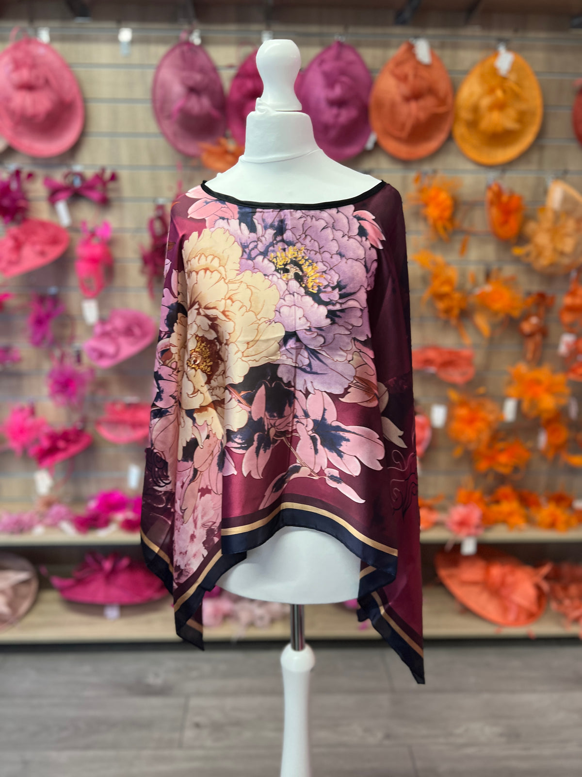 Purple Floral Silky Summer Poncho-Fascinators Direct
