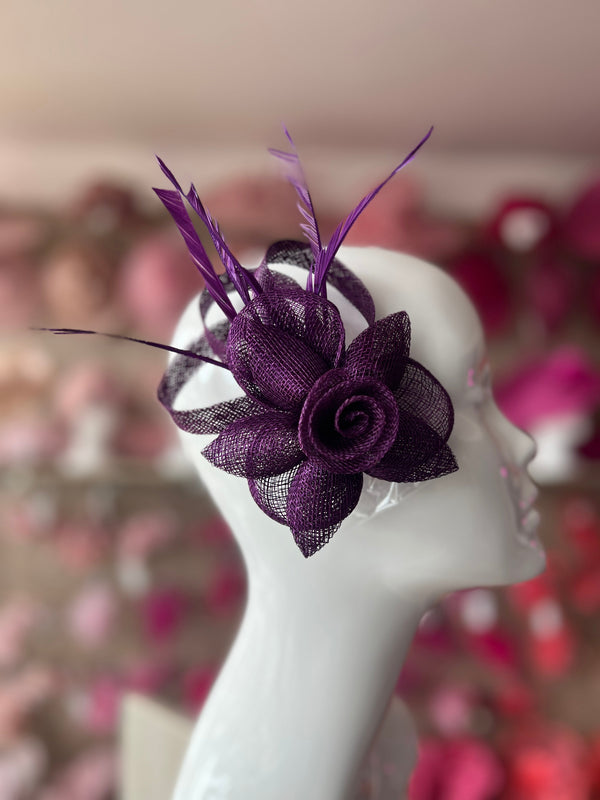 Dark Purple Flower Fascinator Clip with Feathers