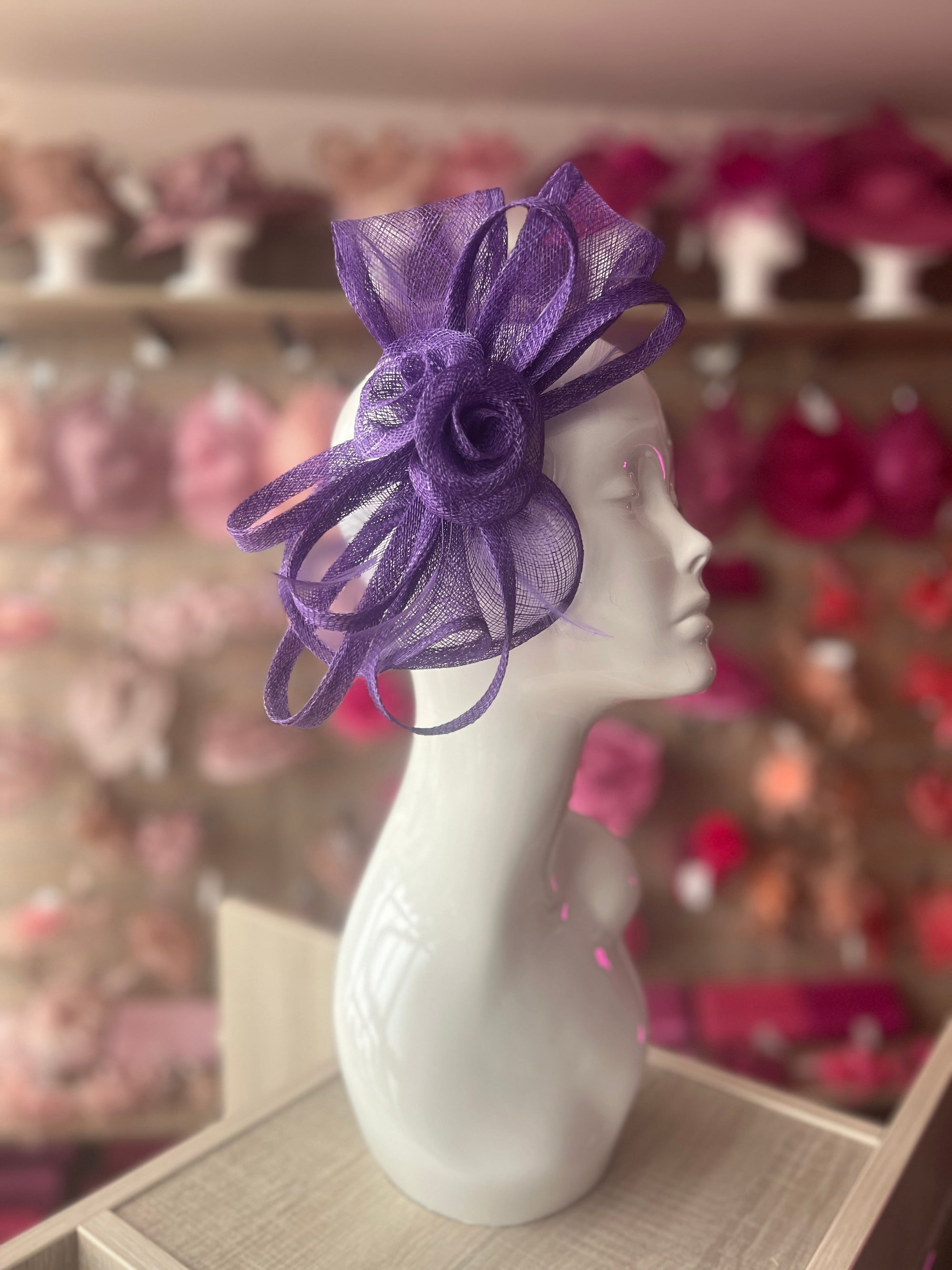 Purple Flower Fascinator With Wispy Feathers-Fascinators Direct