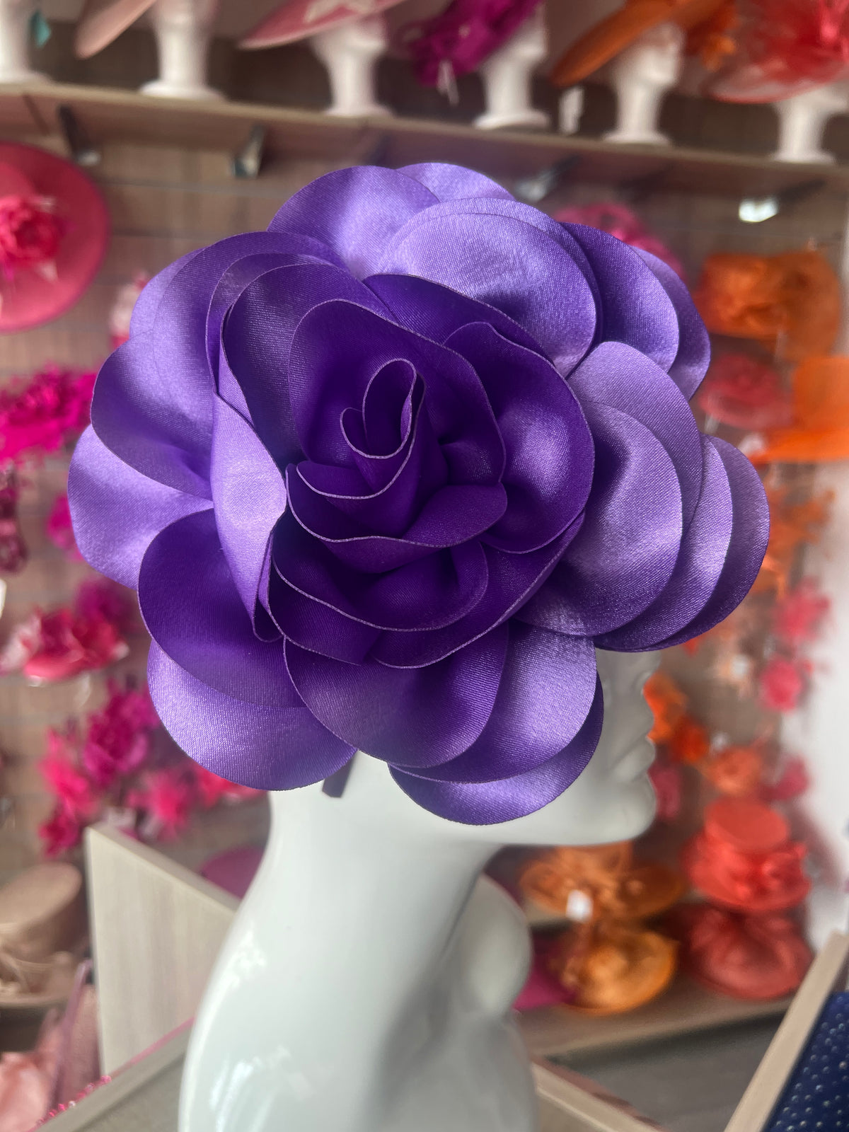 Purple Large Satin Rose Flower Fascinator-Fascinators Direct