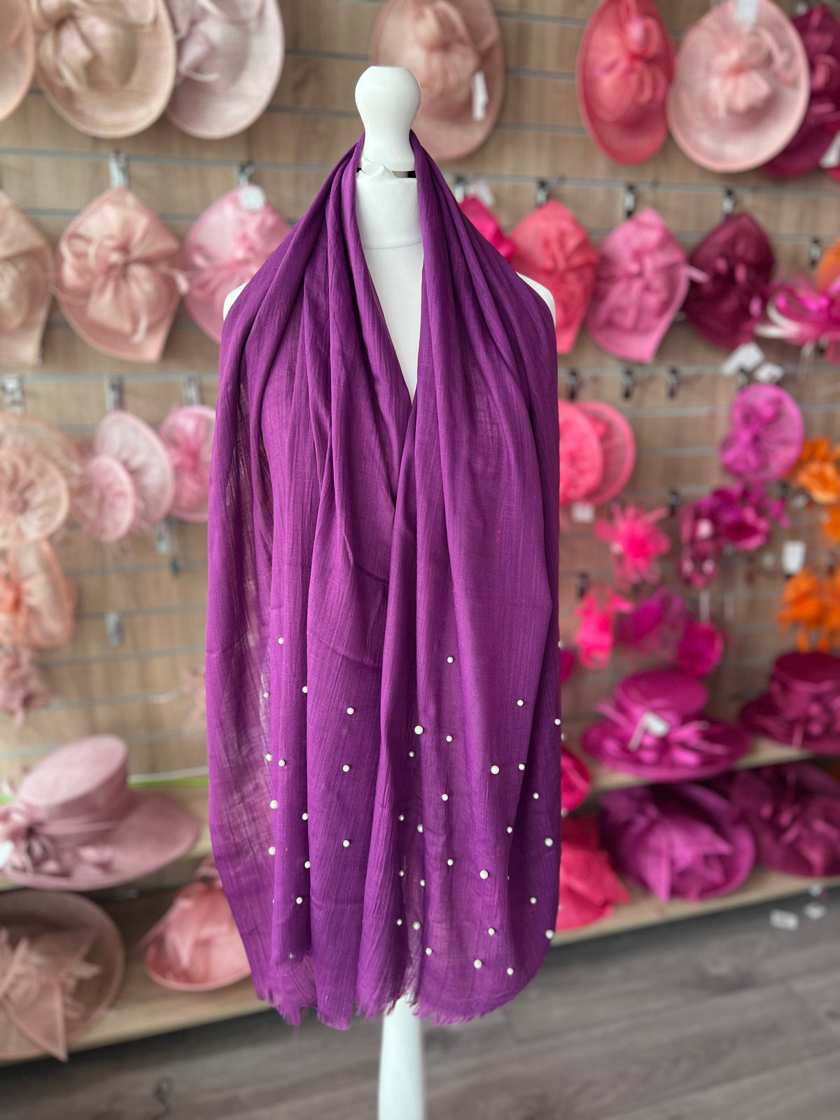 Purple Pashmina Scarf With Pearl Detail-Fascinators Direct