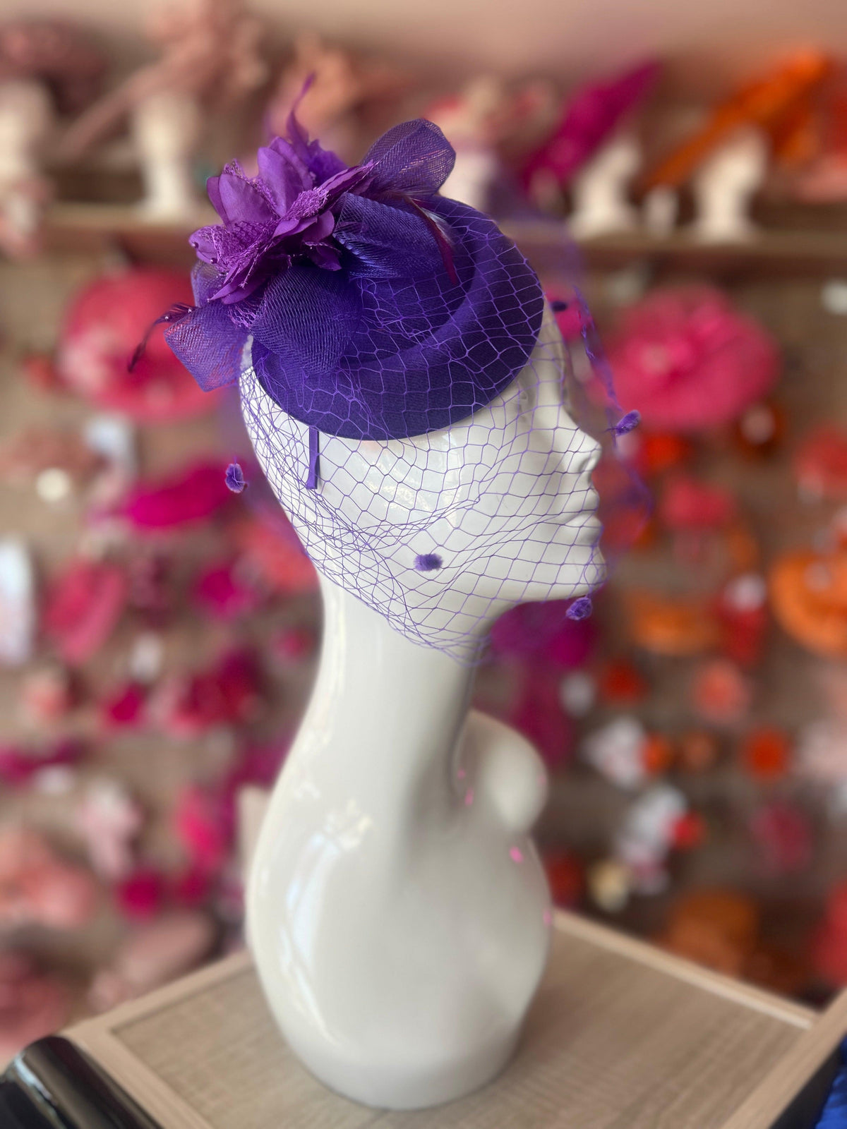 Purple PillBox Hat Fascinator With Flower &amp; Veil-Fascinators Direct