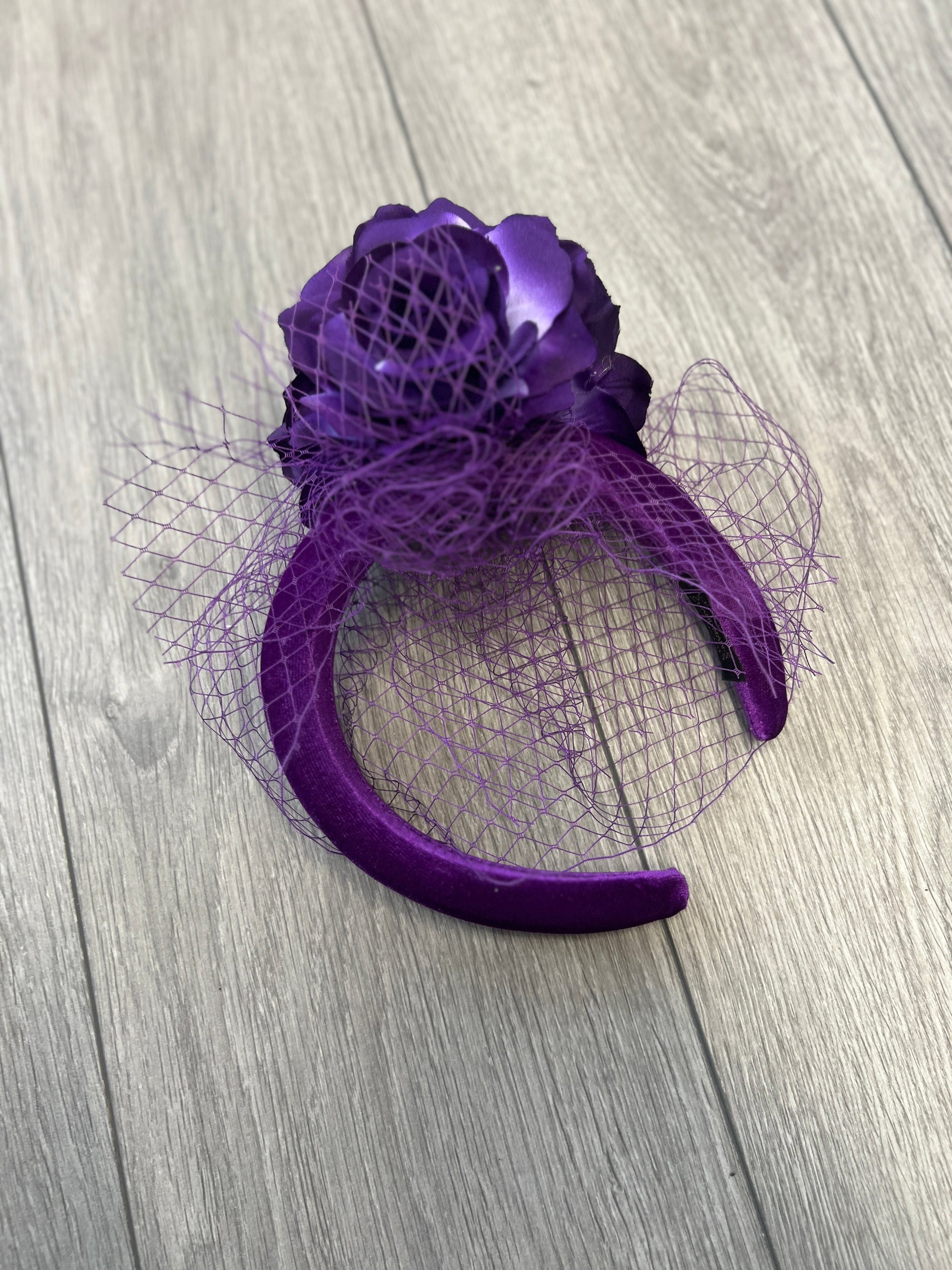 Purple Rose & Netting Chunky Headband Fascinator-Fascinators Direct