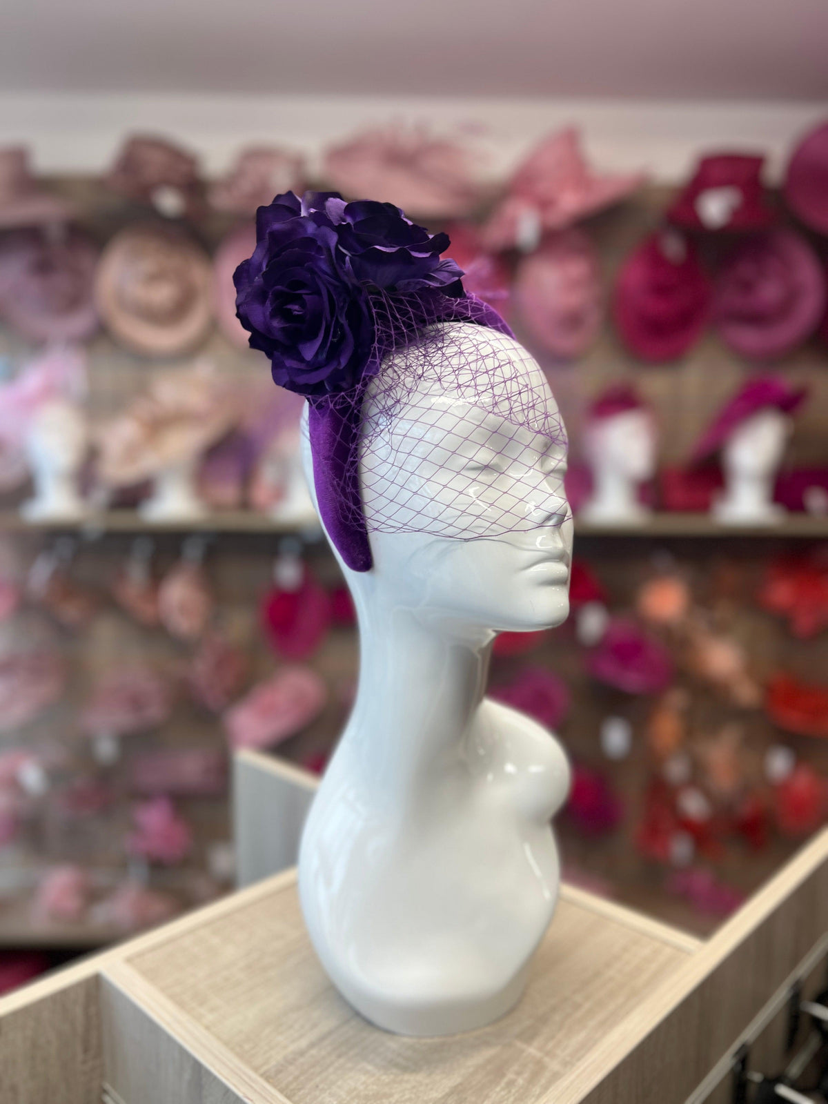 Purple Rose &amp; Netting Chunky Headband Fascinator-Fascinators Direct