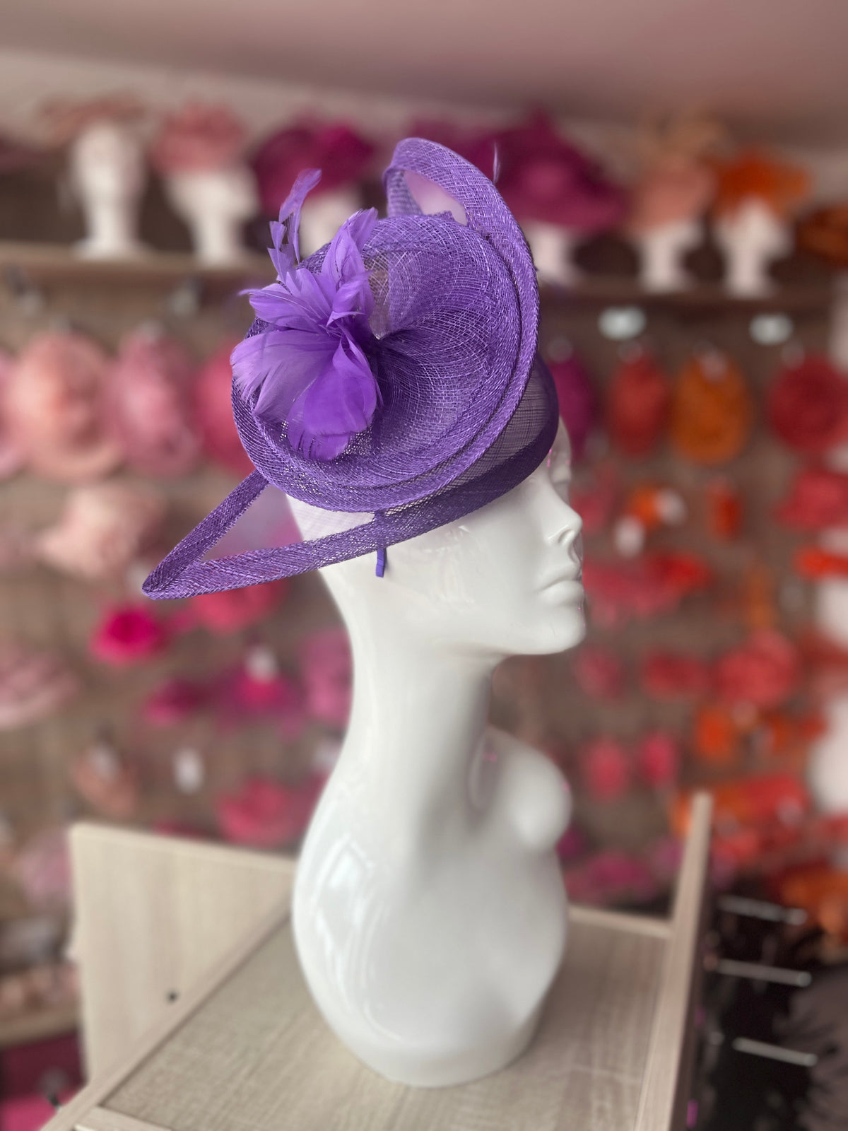 Purple Spiral Teardrop Fascinator with A Feather Flower-Fascinators Direct