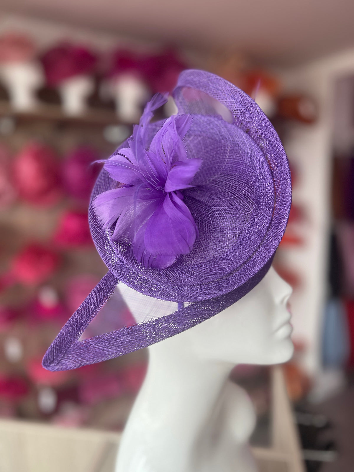 Purple Spiral Teardrop Fascinator with A Feather Flower-Fascinators Direct