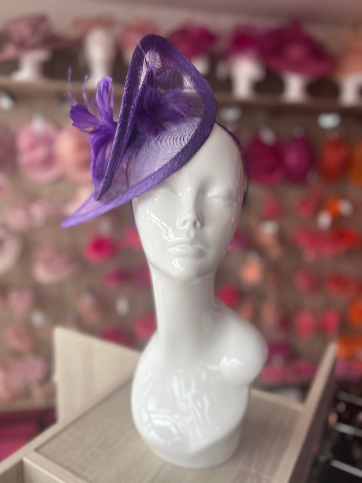 Purple Spiral Teardrop Fascinator with A Feather Flower-Fascinators Direct