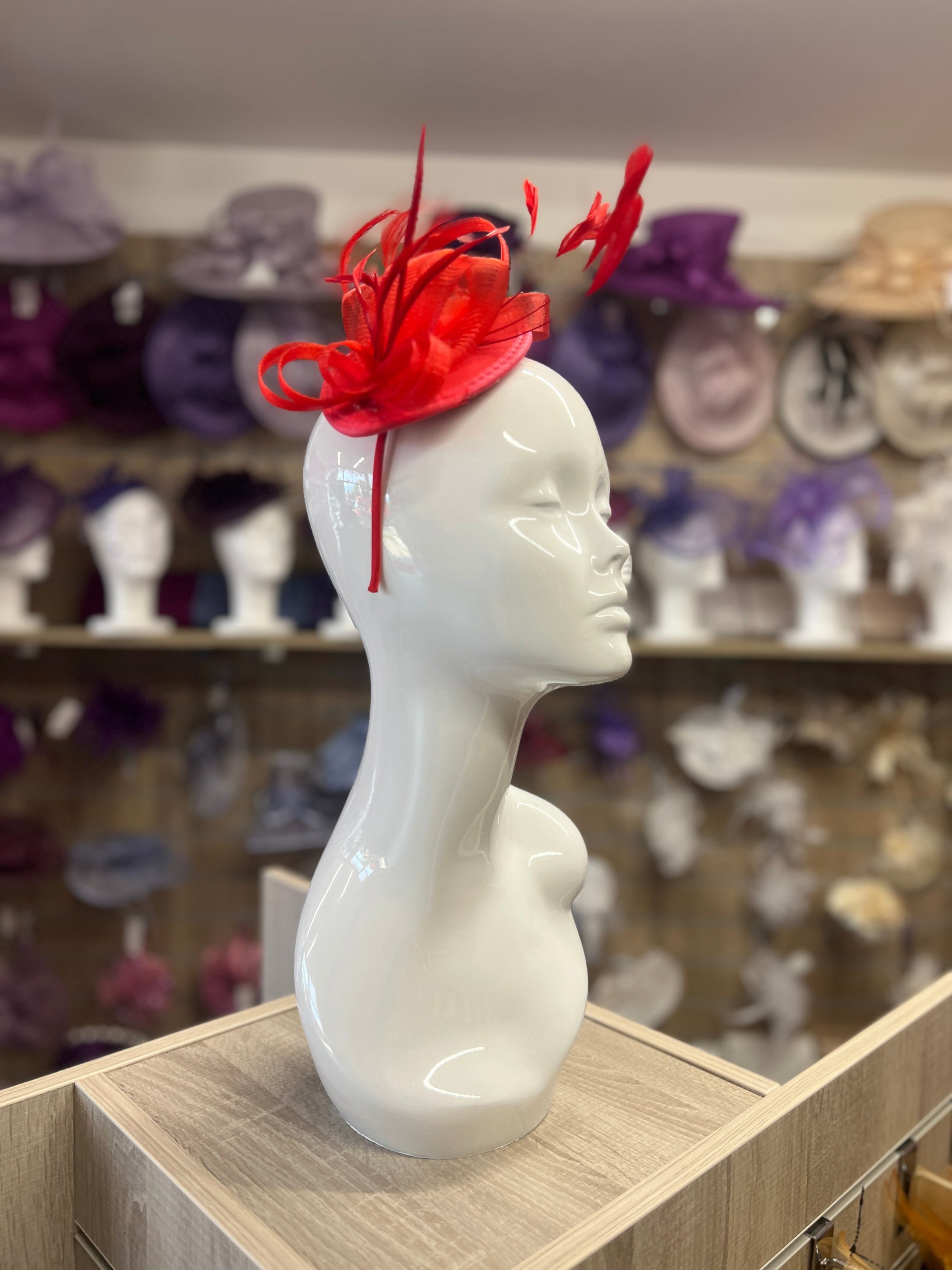 RED FASCINATOR HEADBAND WITH LOOPED CRIN & FEATHERS-Fascinators Direct