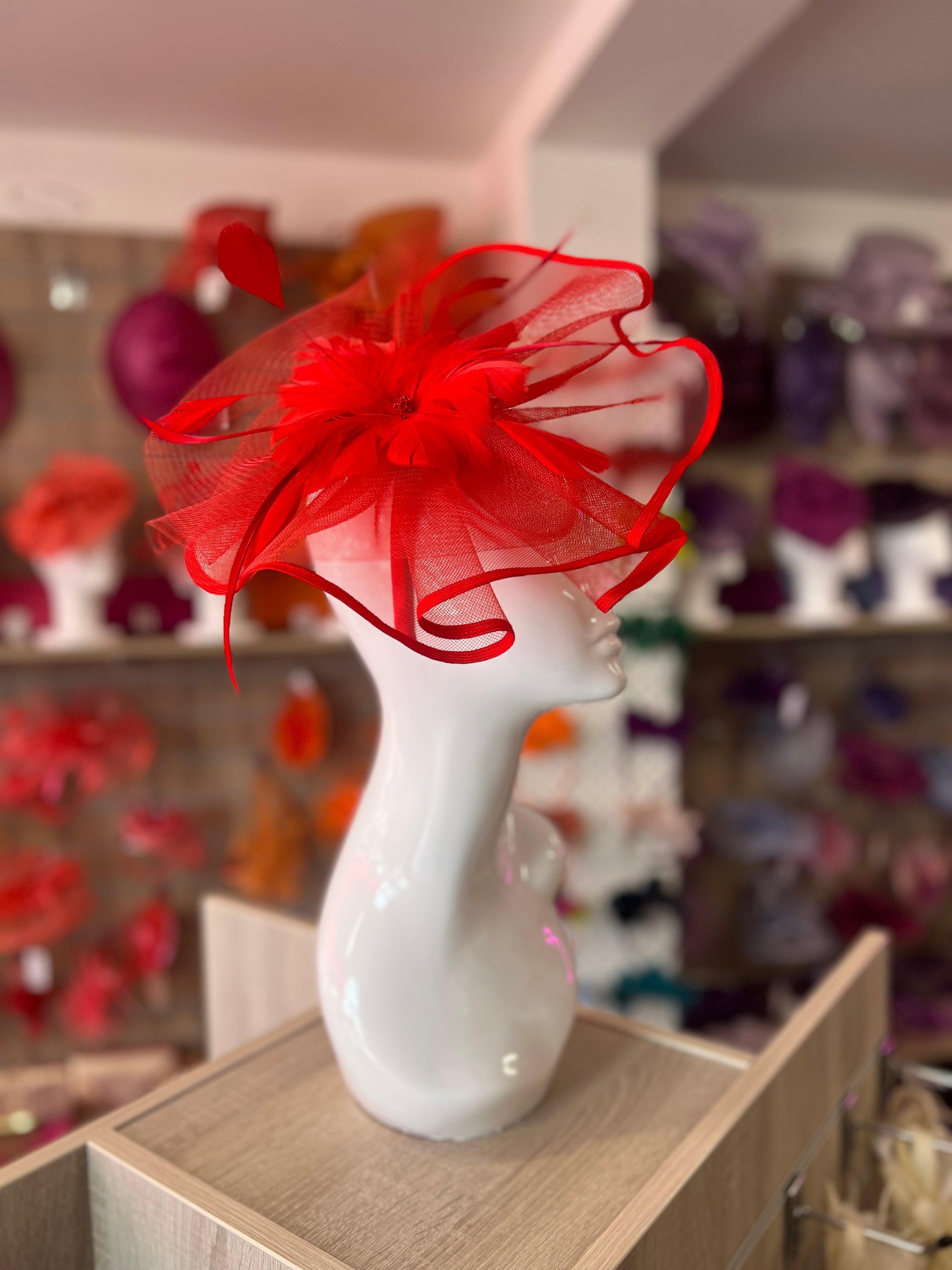 RED LARGE FASCINATOR WITH RUCHED CRINOLINE & FLOWER-Fascinators Direct