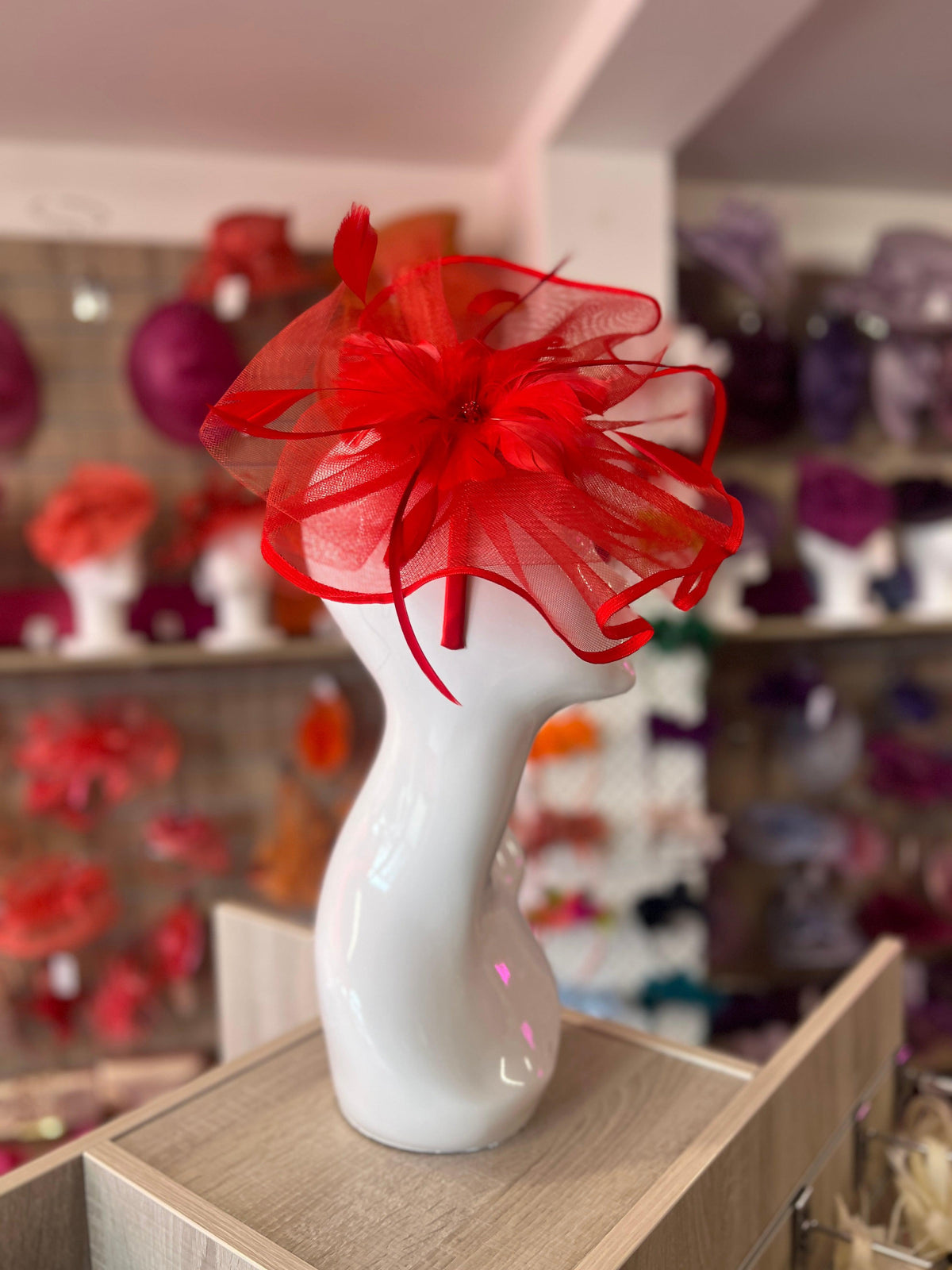 RED LARGE FASCINATOR WITH RUCHED CRINOLINE &amp; FLOWER-Fascinators Direct