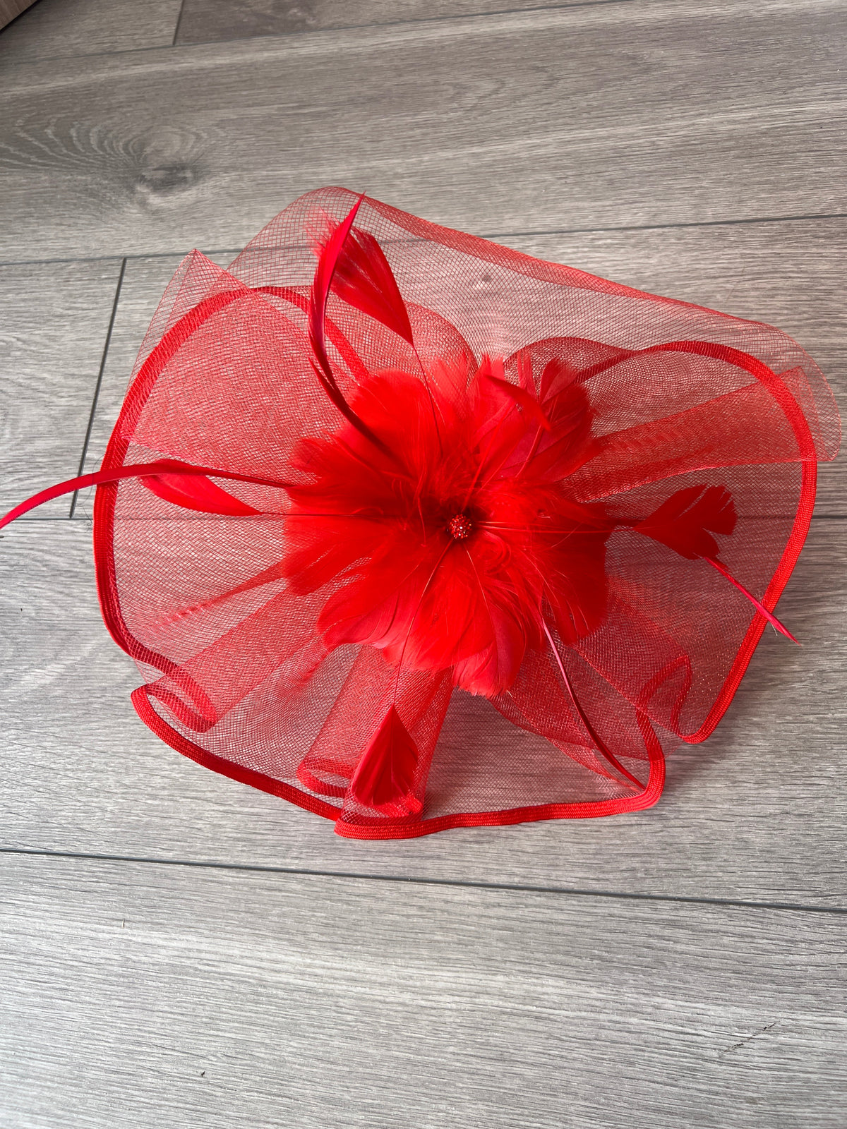 RED LARGE FASCINATOR WITH RUCHED CRINOLINE &amp; FLOWER-Fascinators Direct