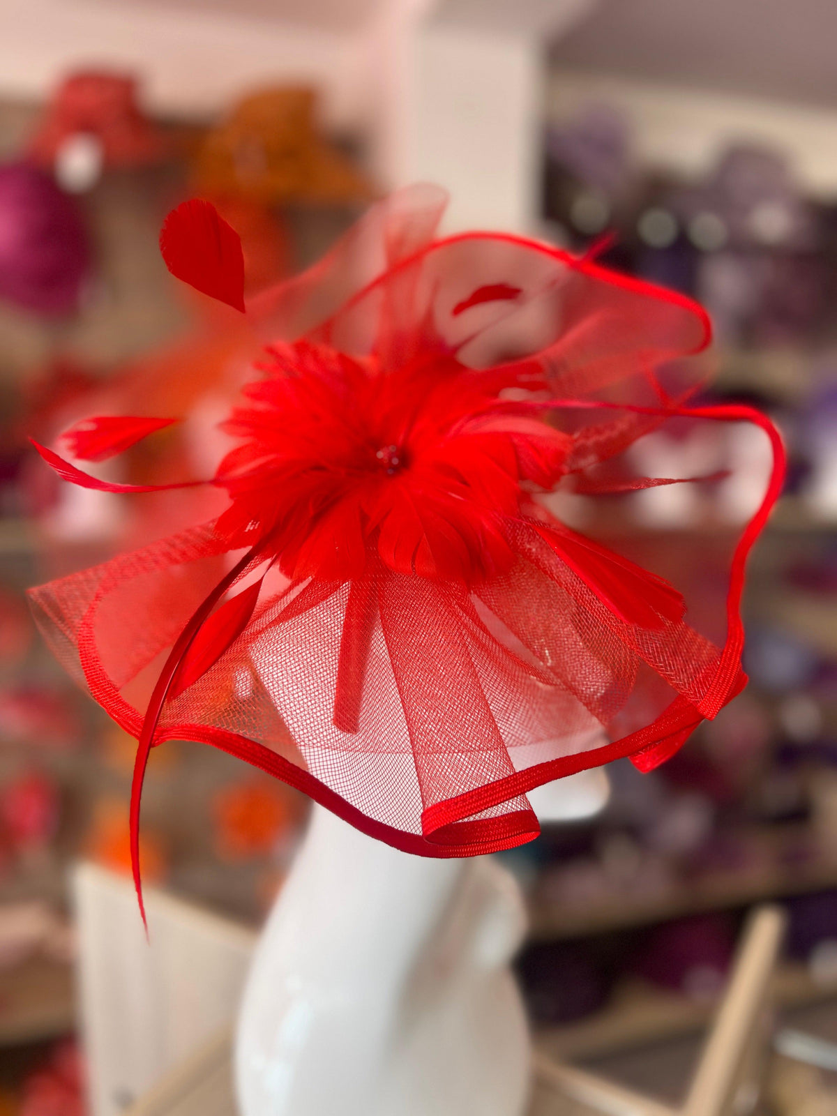 RED LARGE FASCINATOR WITH RUCHED CRINOLINE &amp; FLOWER-Fascinators Direct