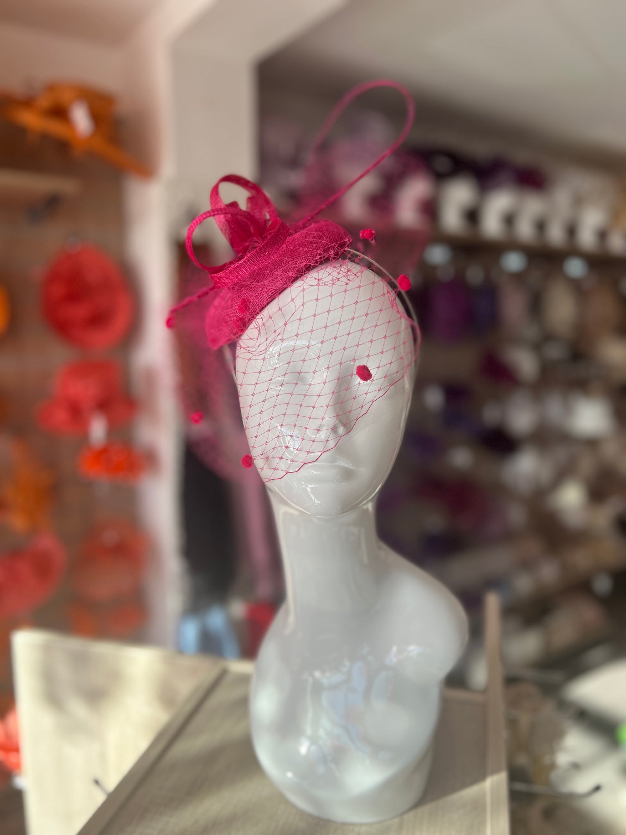 Raspberry Pillbox Hat with Veil & Curled Quill-Fascinators Direct