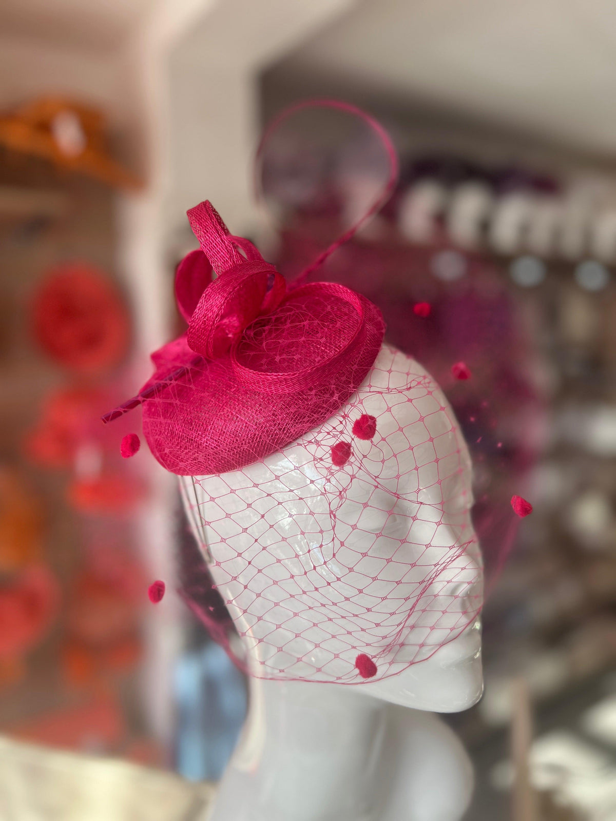Raspberry Pillbox Hat with Veil &amp; Curled Quill-Fascinators Direct