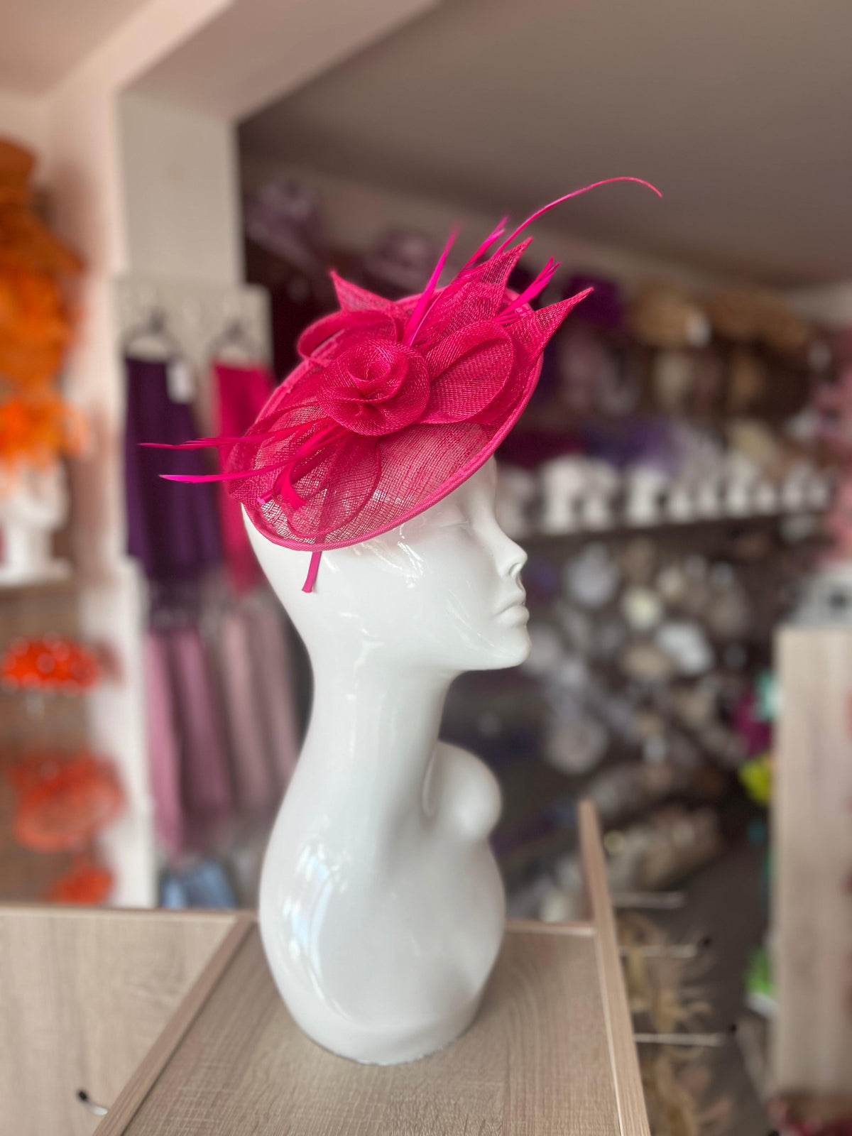 Raspberry Saucer Fascinator With Flower &amp; Quill-Fascinators Direct