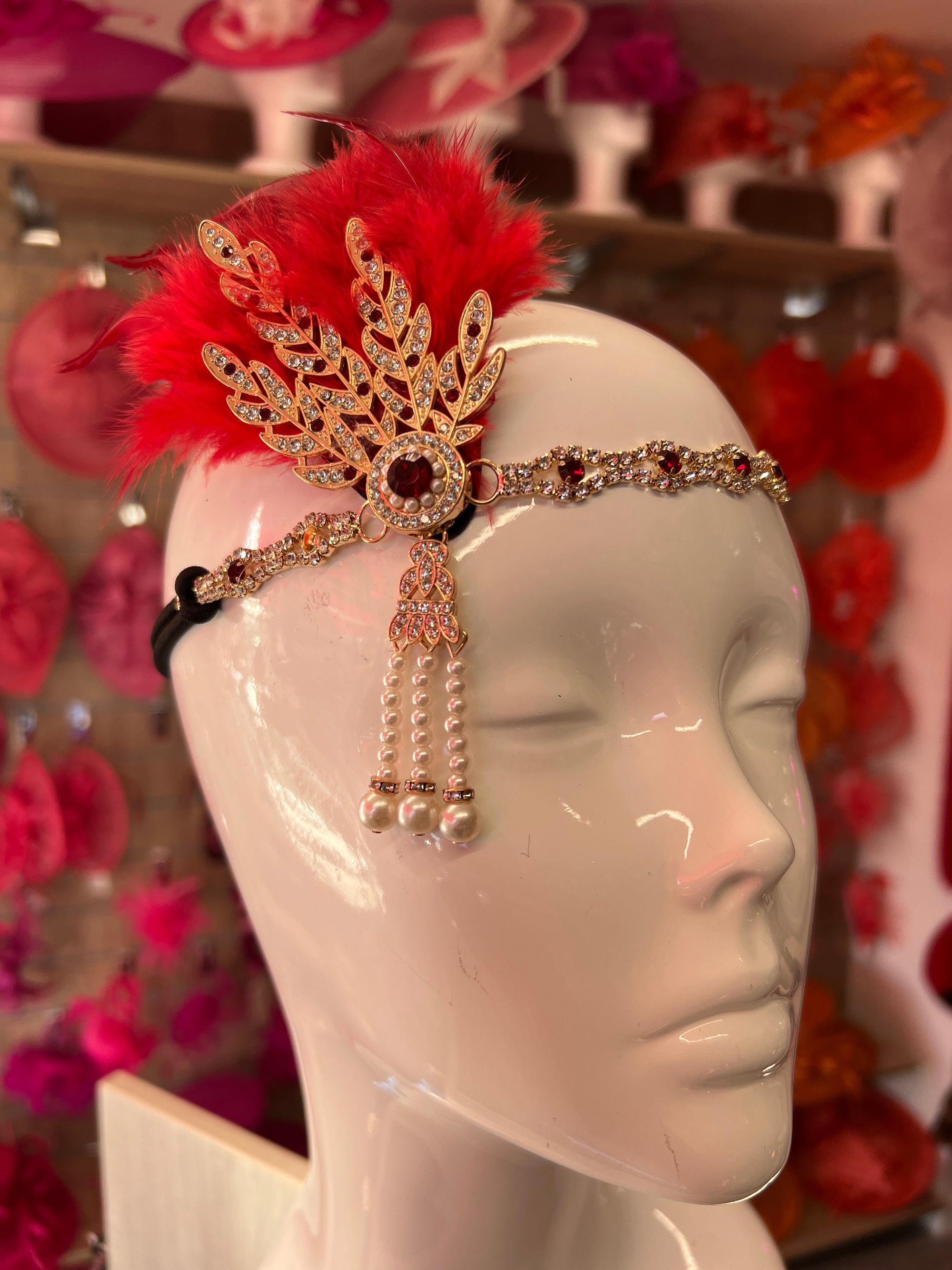 Red 1920's Style Feather Flapper Headpiece With Hanging Pearls-Fascinators Direct