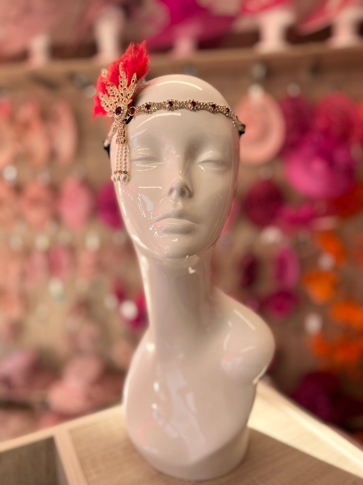 Red 1920&#39;s Style Feather Flapper Headpiece With Hanging Pearls-Fascinators Direct