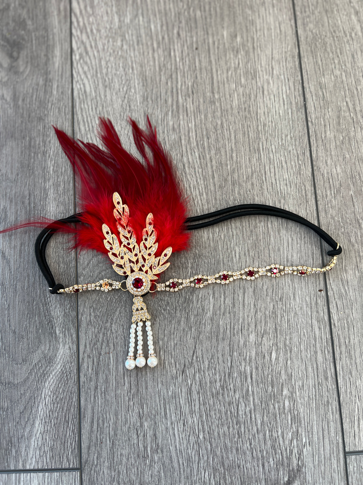 Red 1920&#39;s Style Feather Flapper Headpiece With Hanging Pearls-Fascinators Direct