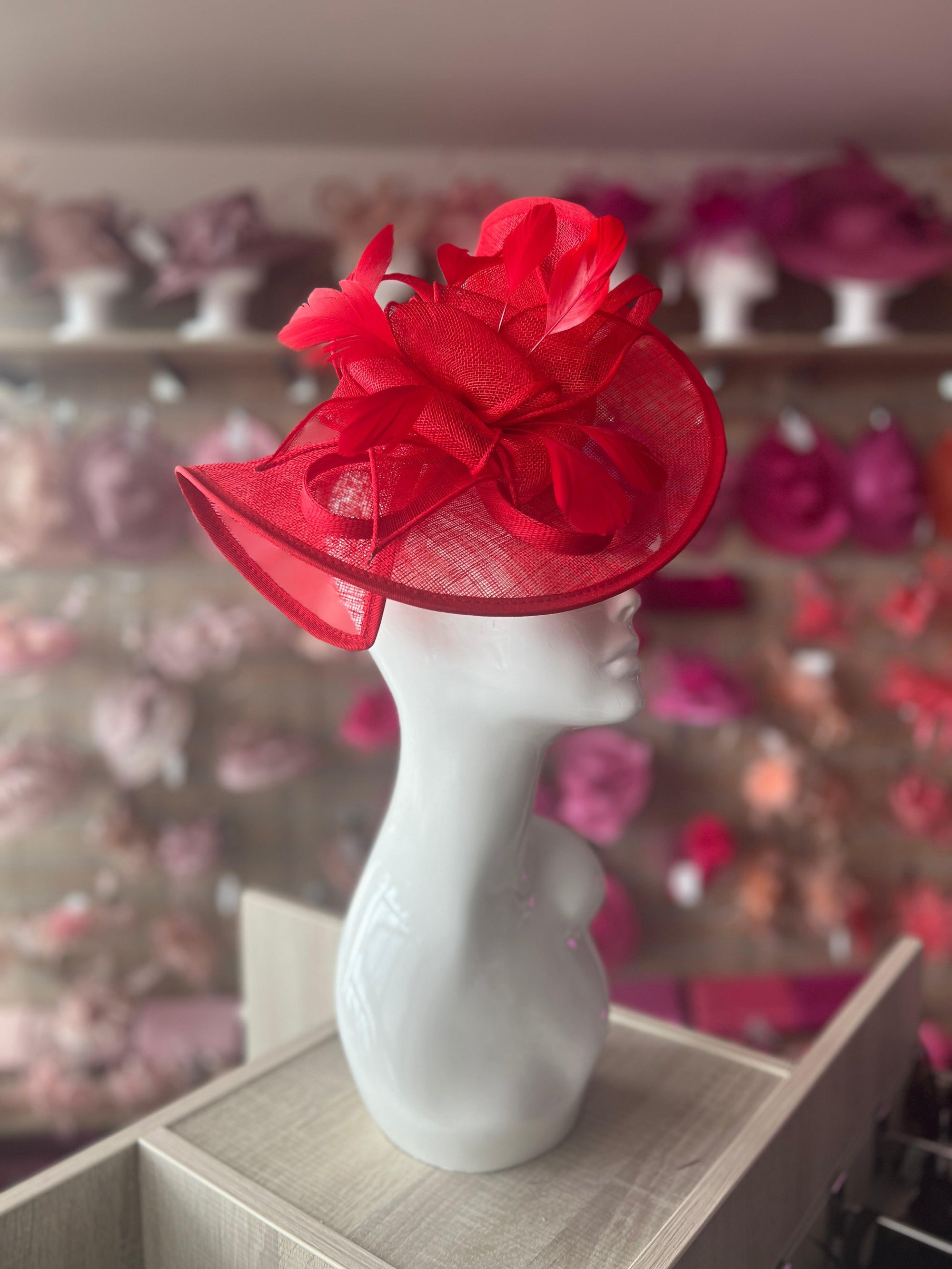 Red Asymmetric Disc Fascinator With Feathers-Fascinators Direct