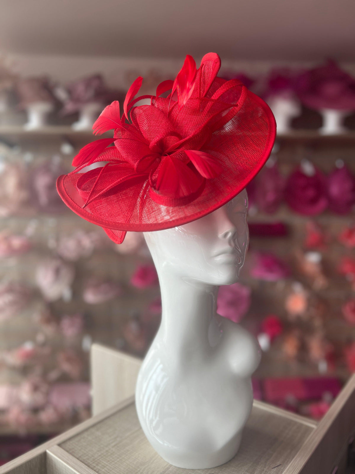 Red Asymmetric Disc Fascinator With Feathers-Fascinators Direct