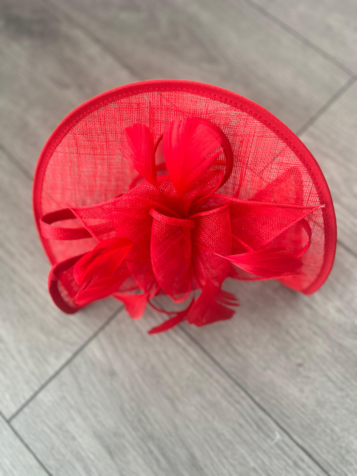 Red Asymmetric Disc Fascinator With Feathers-Fascinators Direct