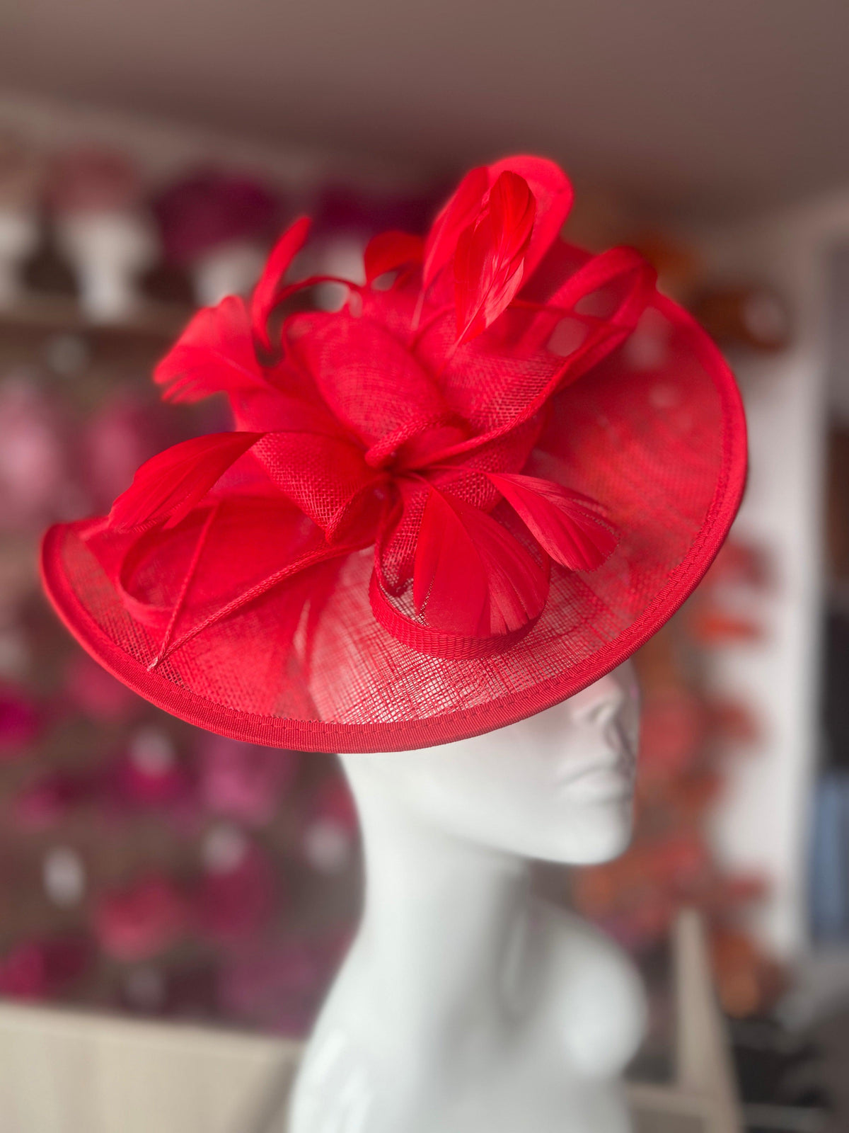 Red Asymmetric Disc Fascinator With Feathers-Fascinators Direct