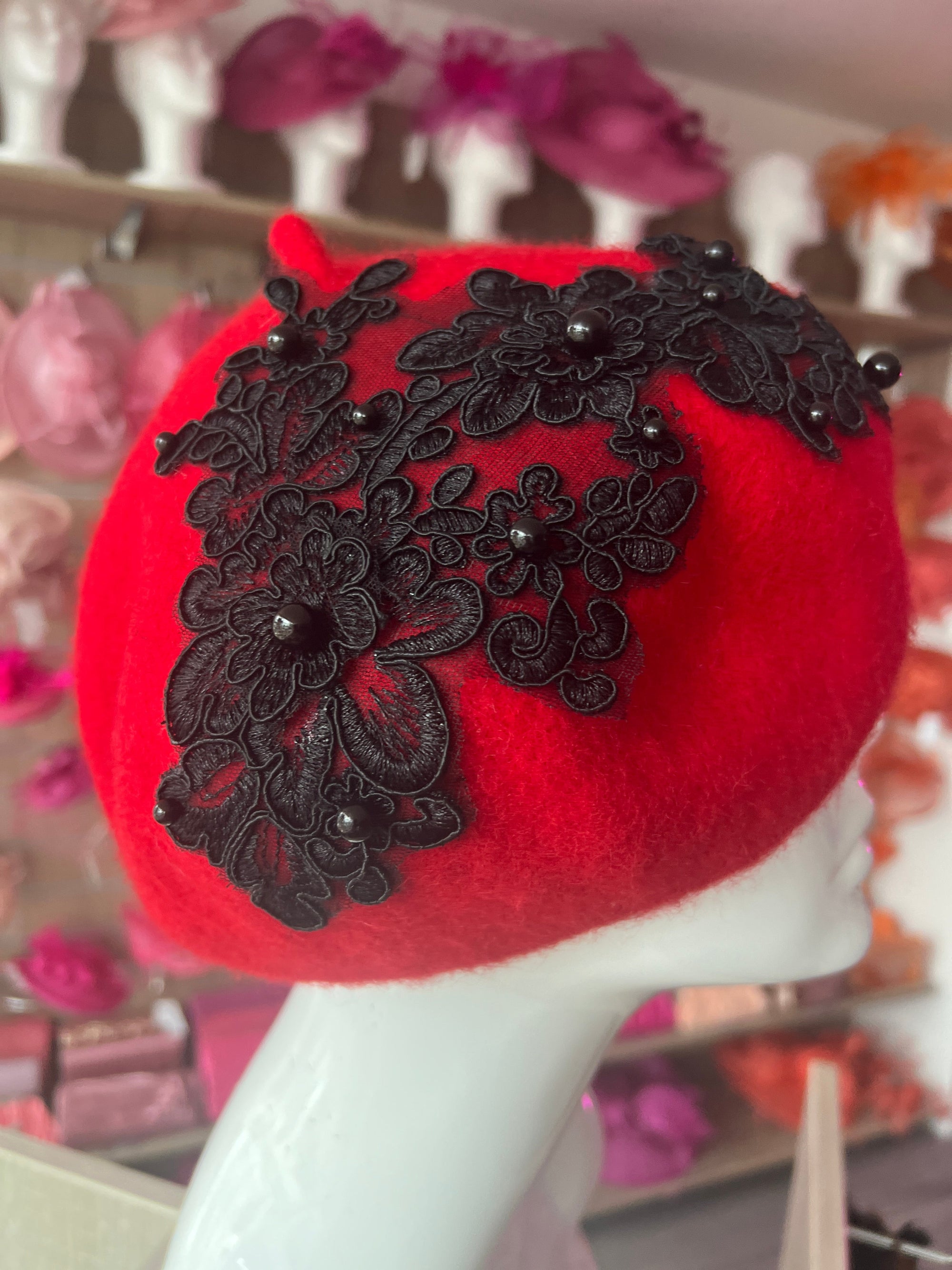 Red Beret Hat With Lace & Pearls Detail-Fascinators Direct