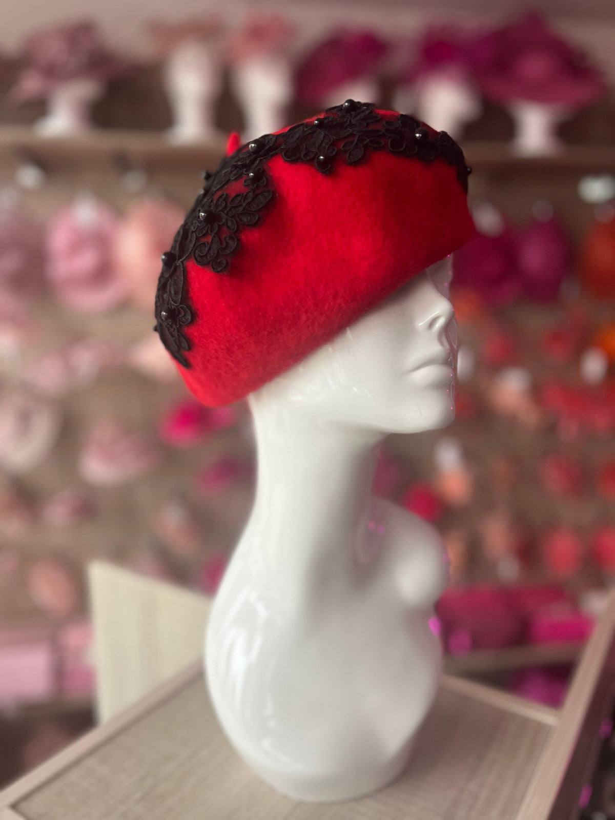 Red Beret Hat With Lace &amp; Pearls Detail-Fascinators Direct