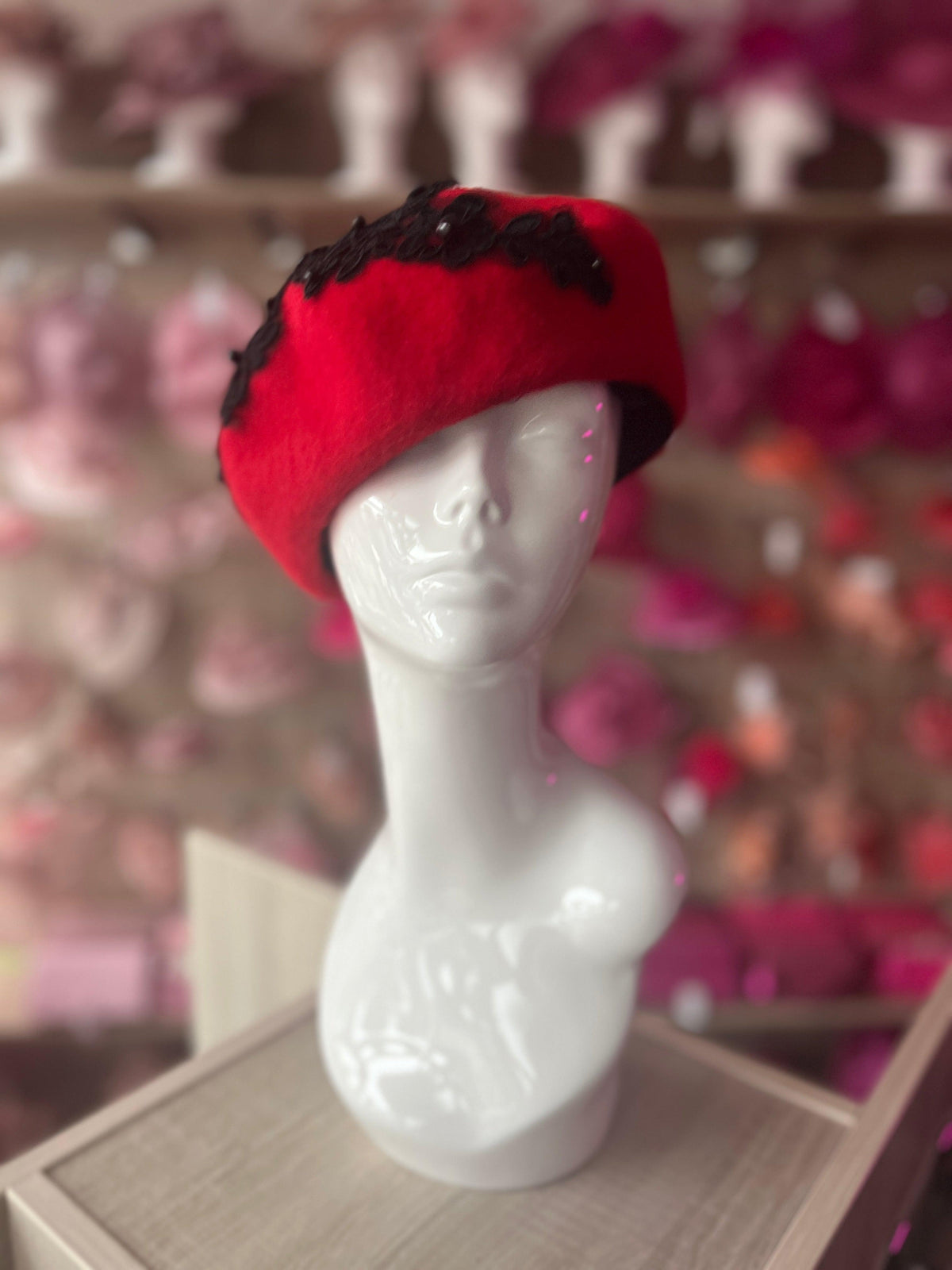 Red Beret Hat With Lace &amp; Pearls Detail-Fascinators Direct