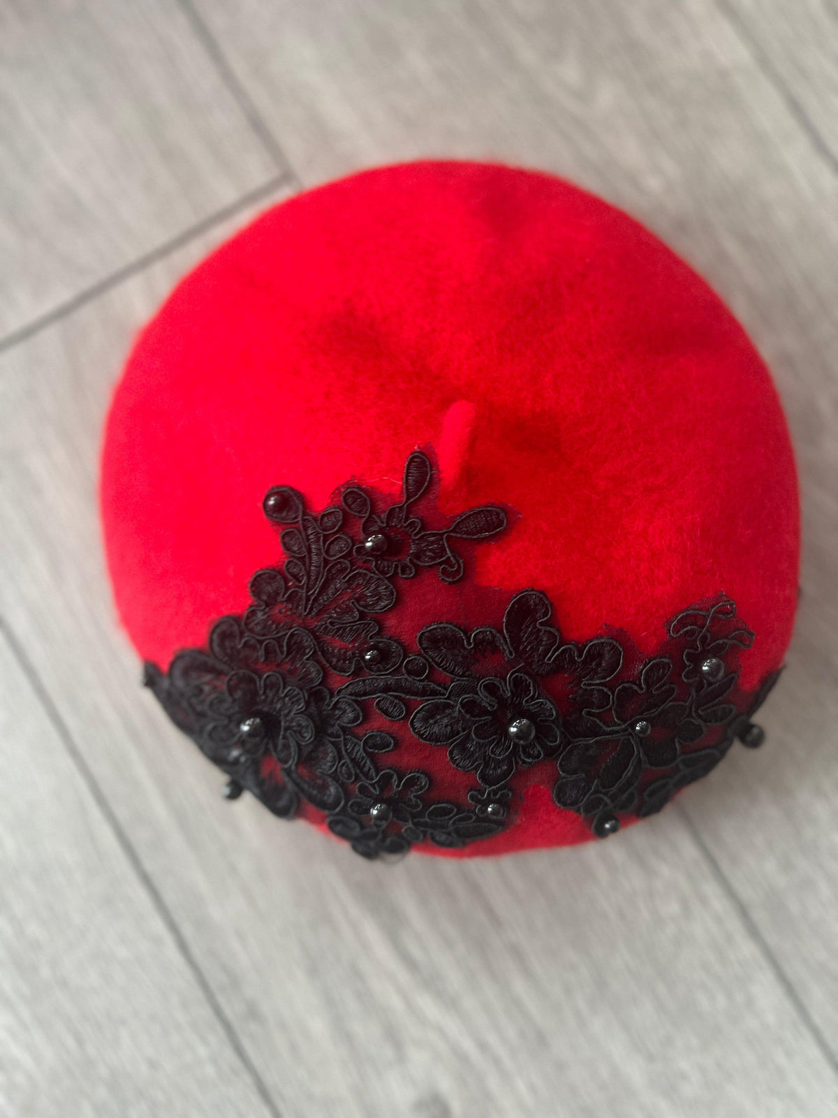 Red Beret Hat With Lace &amp; Pearls Detail-Fascinators Direct