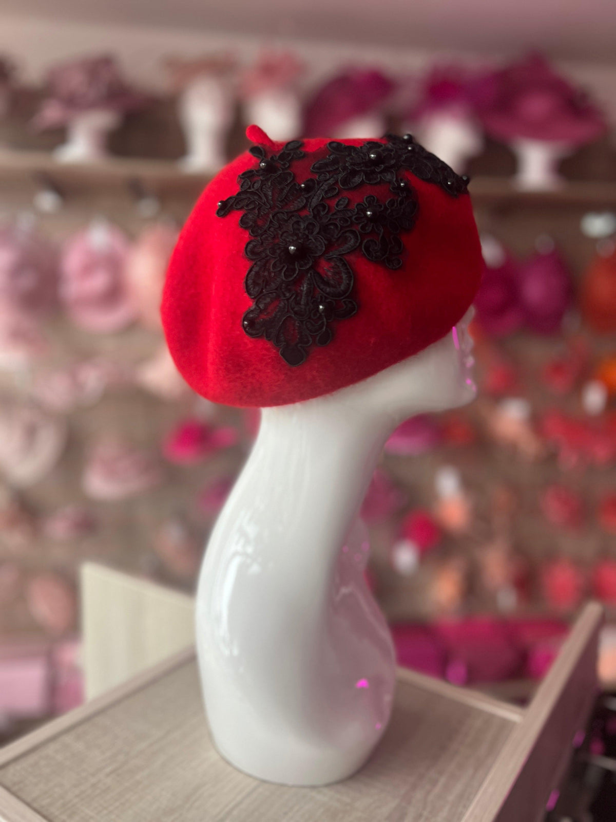 Red Beret Hat With Lace &amp; Pearls Detail-Fascinators Direct