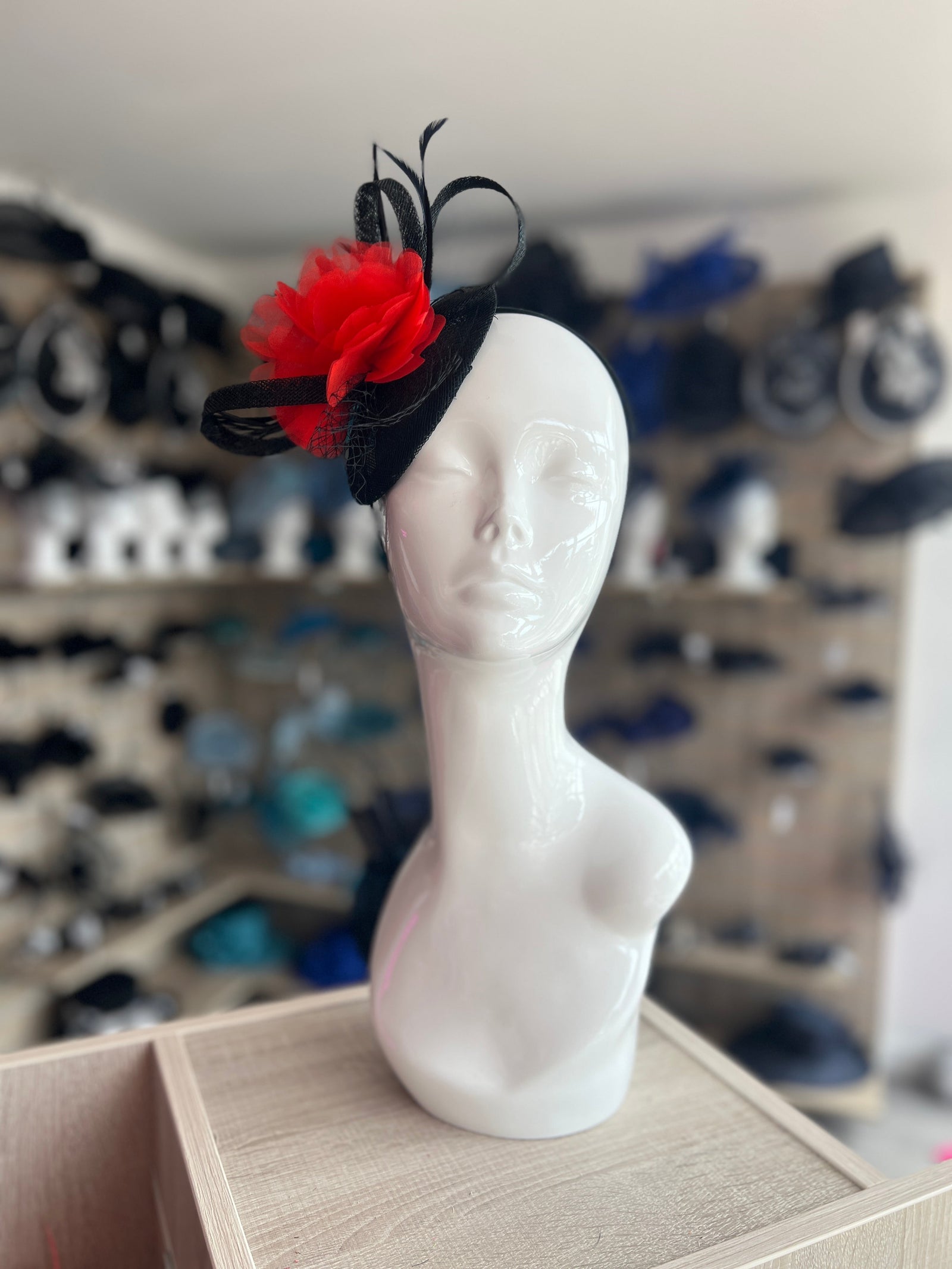 Red & Black Fascinator Headband with Organza Flower-Fascinators Direct
