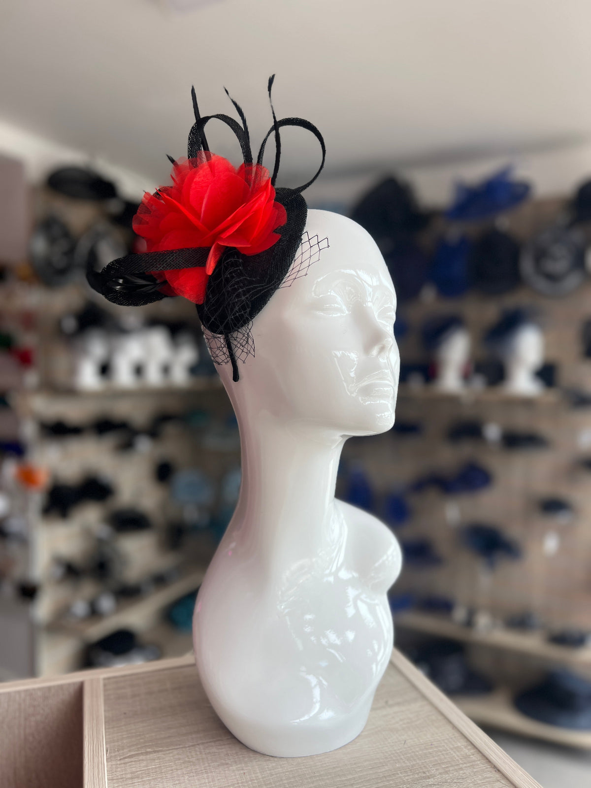 Red &amp; Black Fascinator Headband with Organza Flower-Fascinators Direct