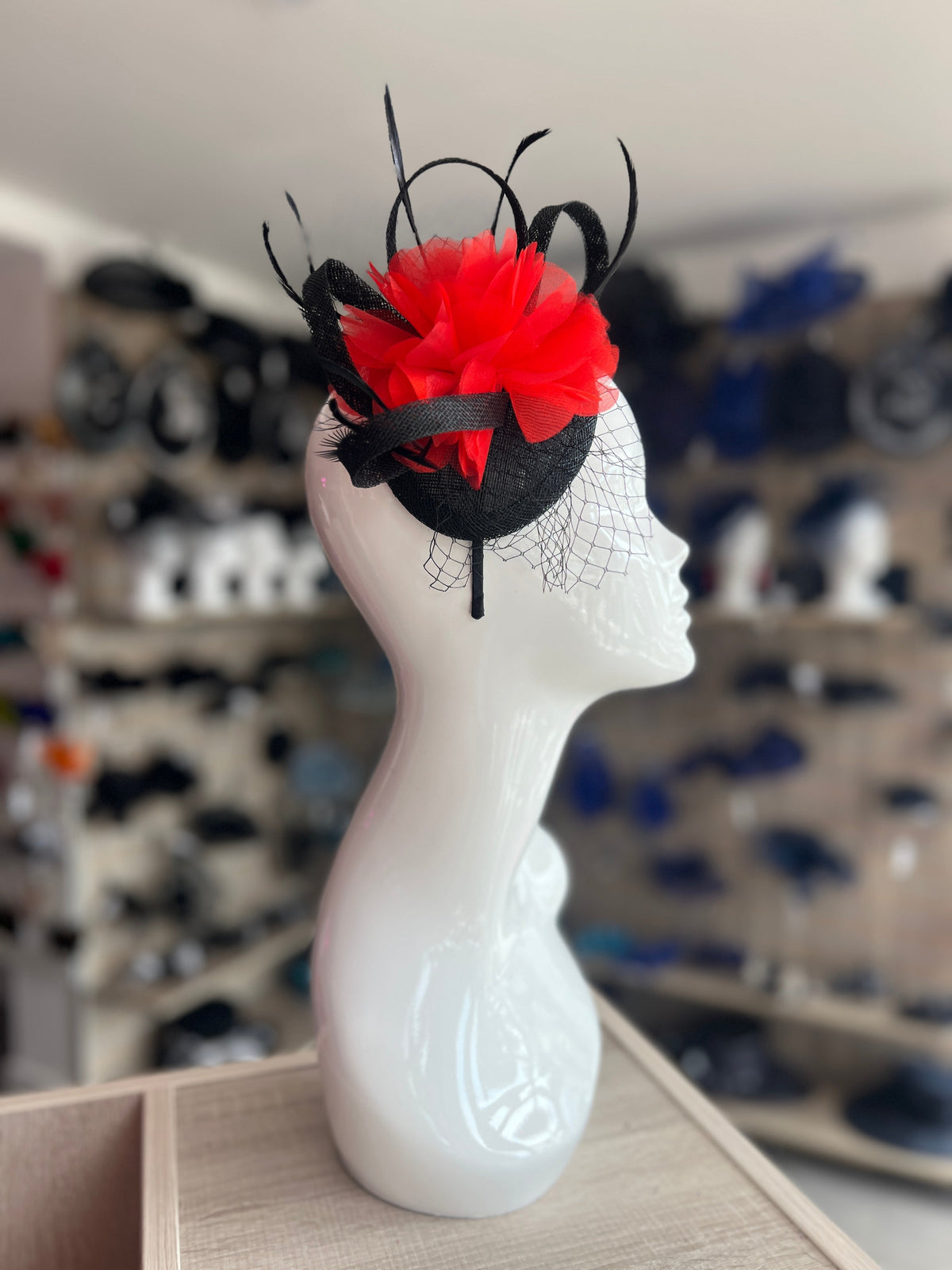 Red &amp; Black Fascinator Headband with Organza Flower-Fascinators Direct