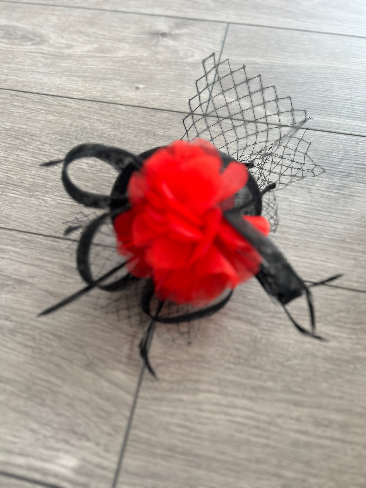 Red &amp; Black Fascinator Headband with Organza Flower-Fascinators Direct