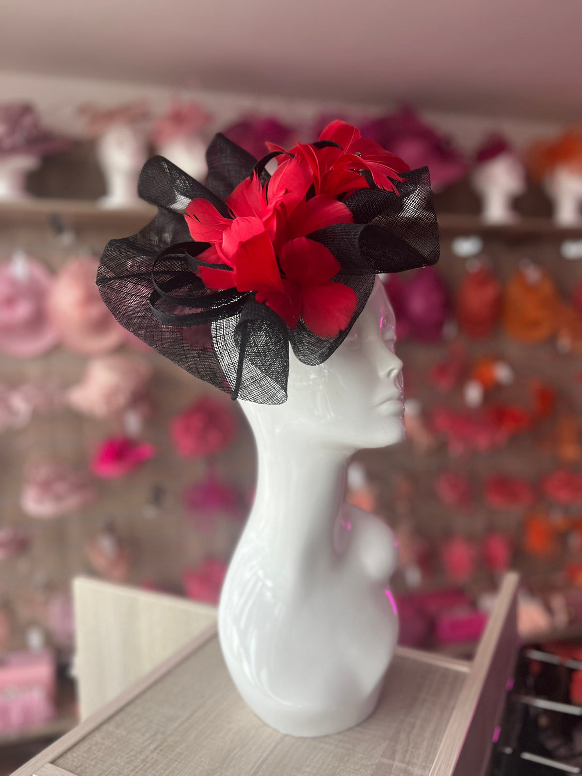 Red &amp; Black Large Fascinator With Feather Flowers &amp; Sinamay Curls-Fascinators Direct