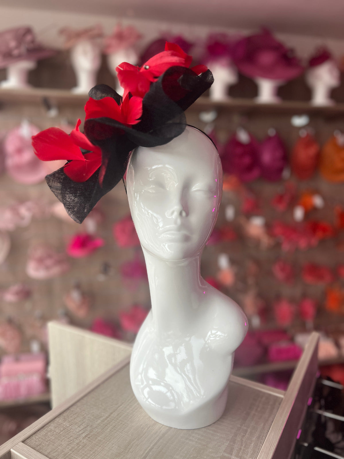 Red &amp; Black Large Fascinator With Feather Flowers &amp; Sinamay Curls-Fascinators Direct