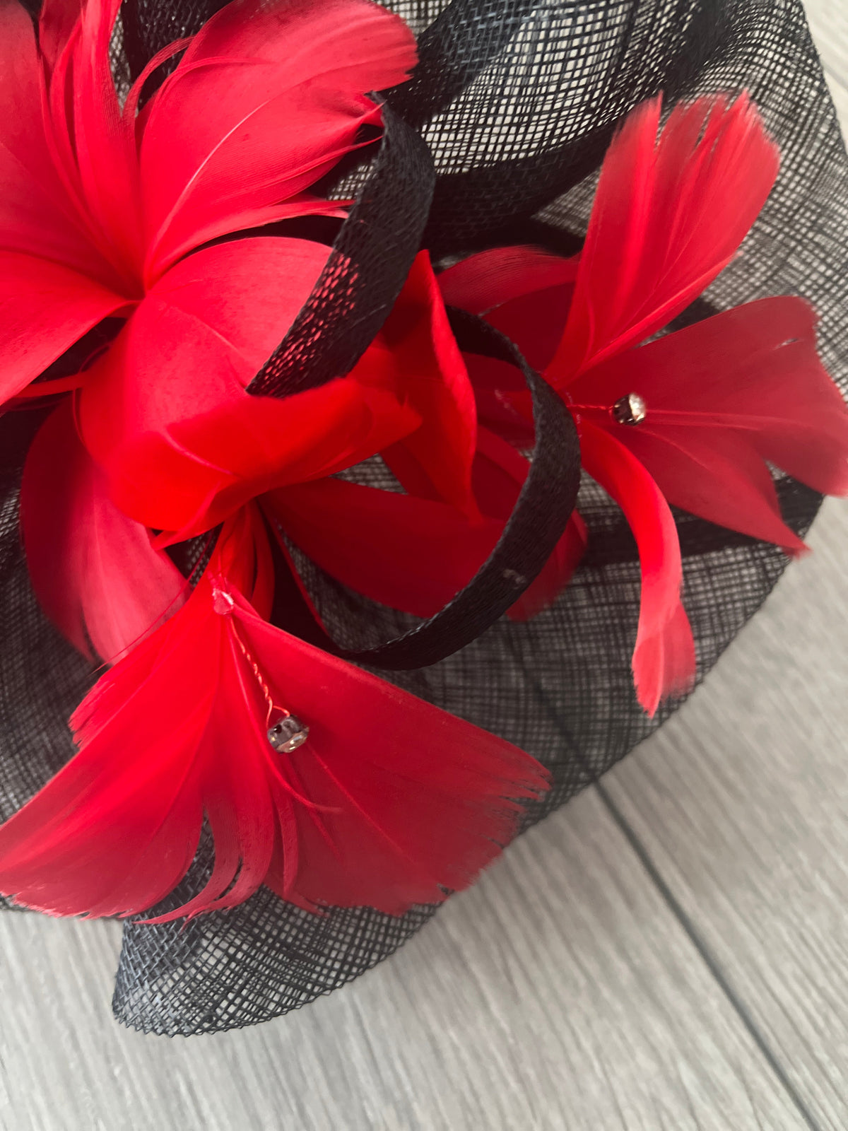 Red &amp; Black Large Fascinator With Feather Flowers &amp; Sinamay Curls-Fascinators Direct