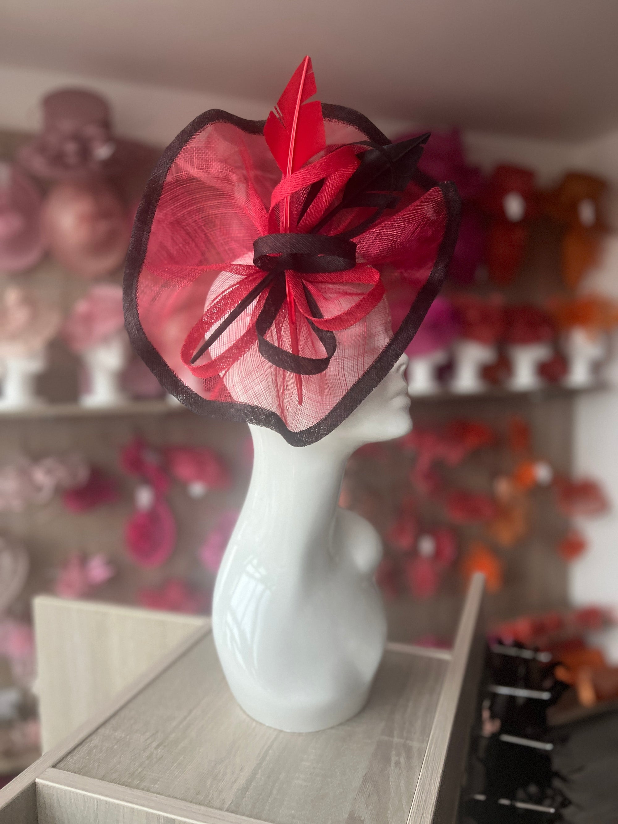 Red & Black Large Fascinator with Ruched Sinamay & Feathers-Fascinators Direct