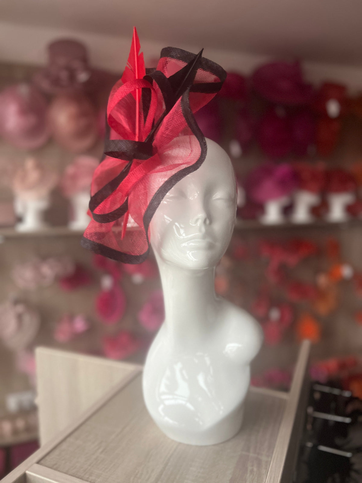 Red &amp; Black Large Fascinator with Ruched Sinamay &amp; Feathers-Fascinators Direct